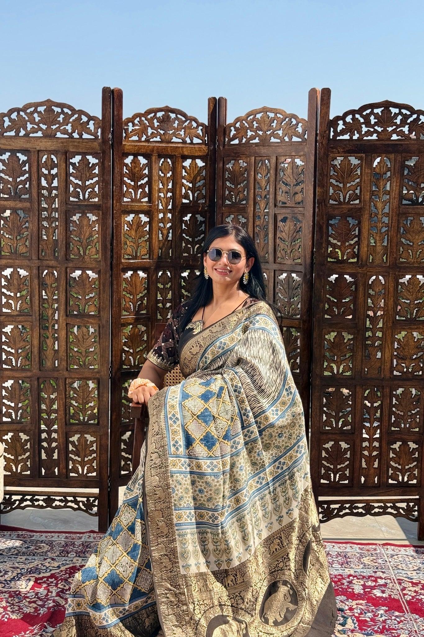 Off White - Designer Ajrakh Handblock Premium Dola Silk Saree
