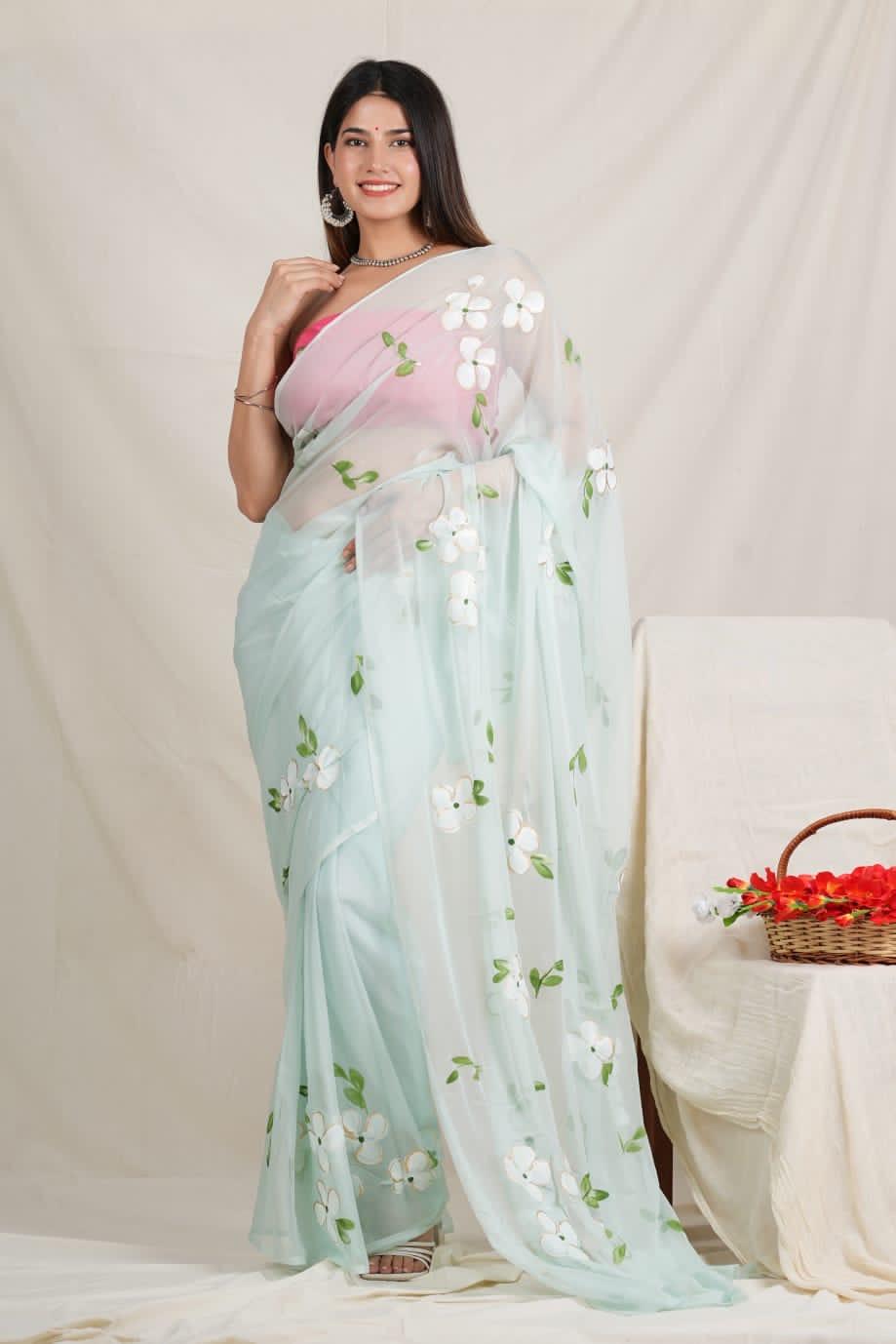 Sea Blue - Handpainted Chiffon Saree - Vasaka Jaipur