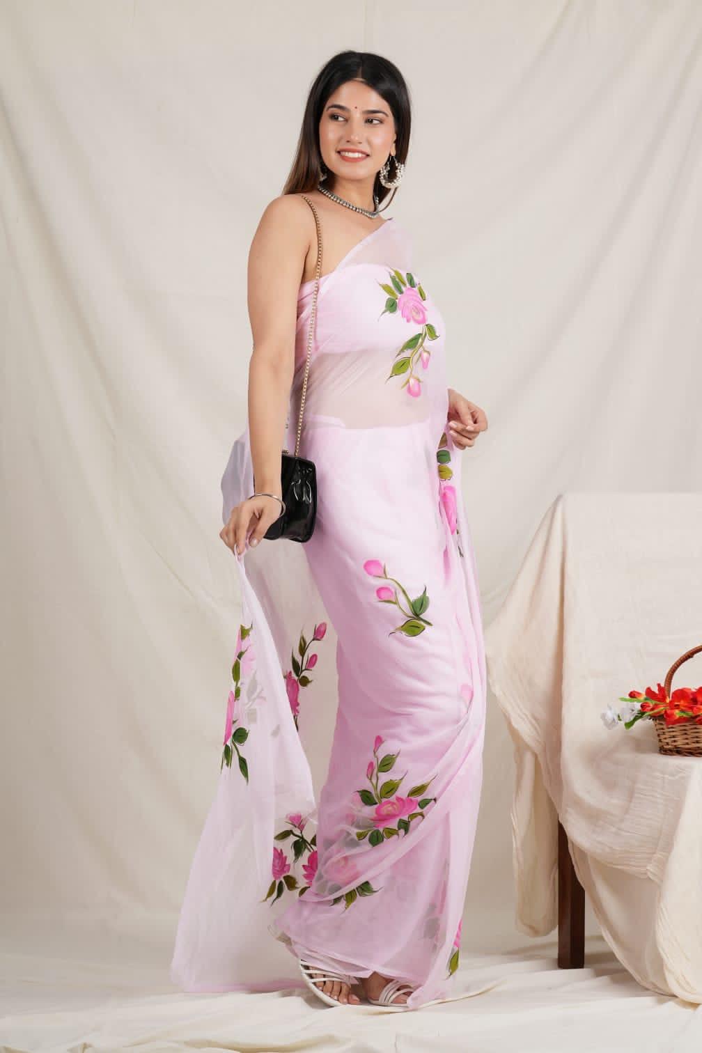 Gulabi Dreams : Baby Pink Handpainted Chiffon Saree - Vasaka Jaipur
