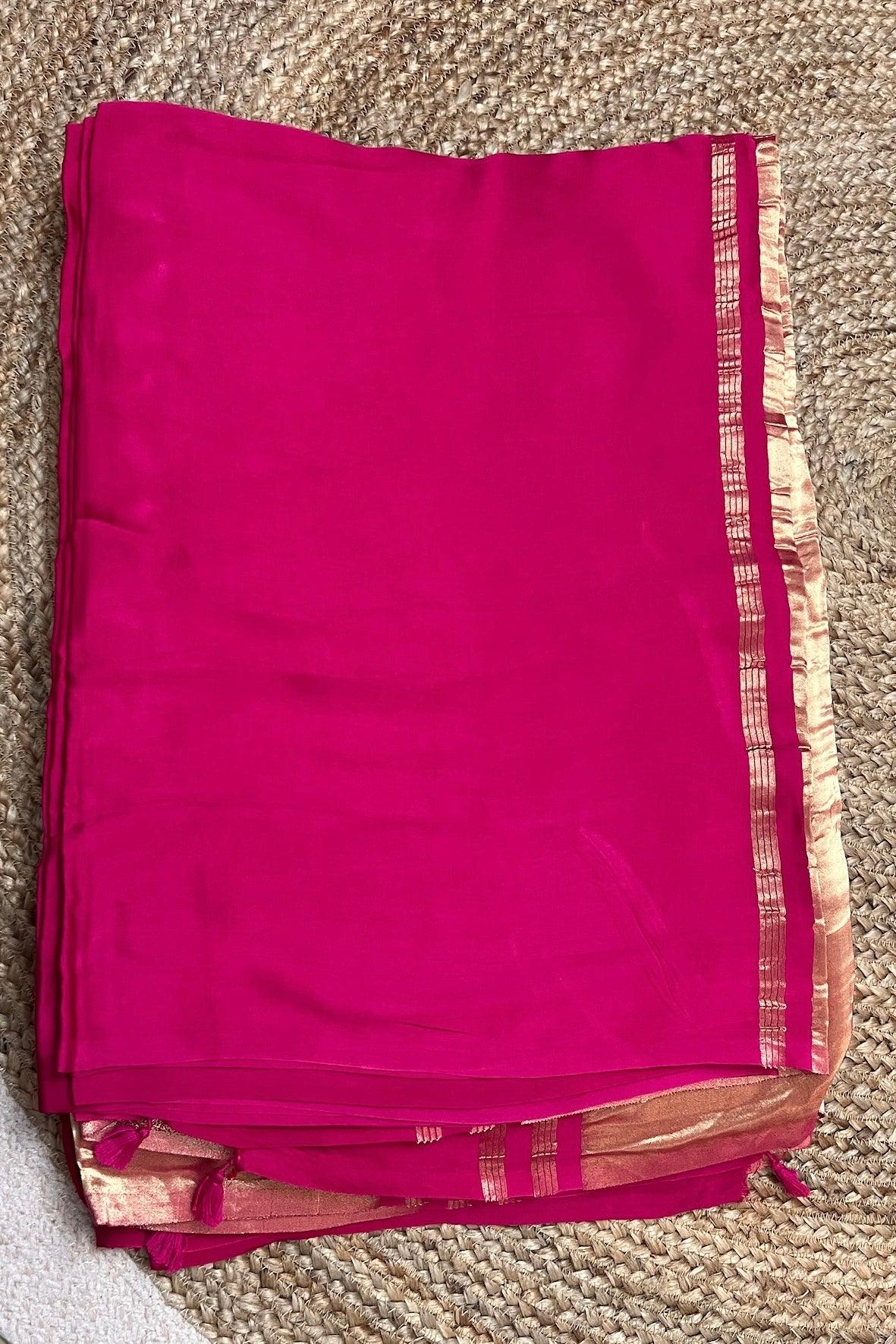 Fuchsia Deep Pink Colour Modal Plain Saree With Tissue Pallu - Vasaka Jaipur
