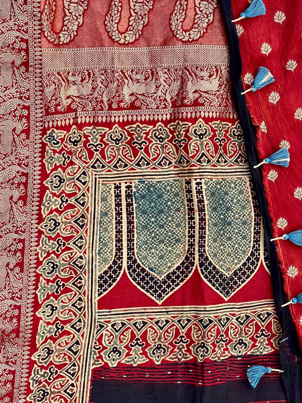 Red - Designer Ajrakh Handblock Premium Dola Silk Saree - Vasaka Jaipur