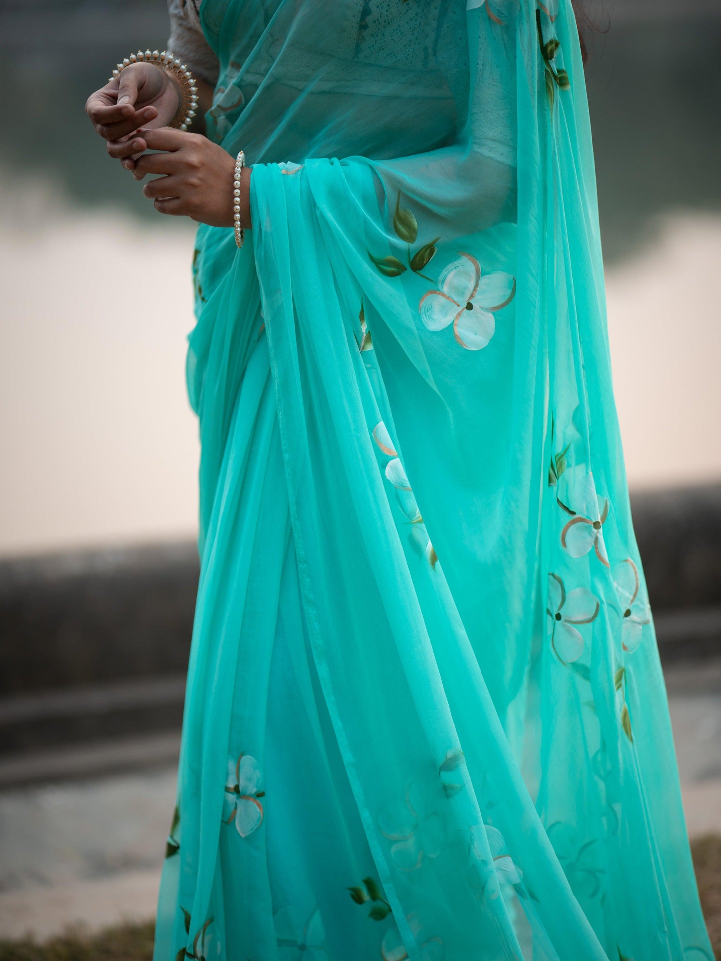 Teal Blue - Handpainted Chiffon Saree