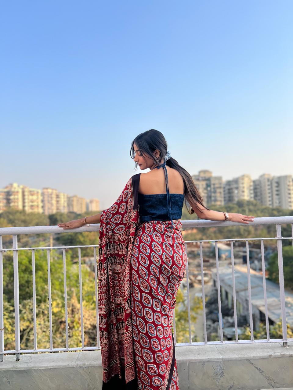 MALLIKA : AJRAKH HANDBLOCK MODAL SILK SAREE - Vasaka Jaipur