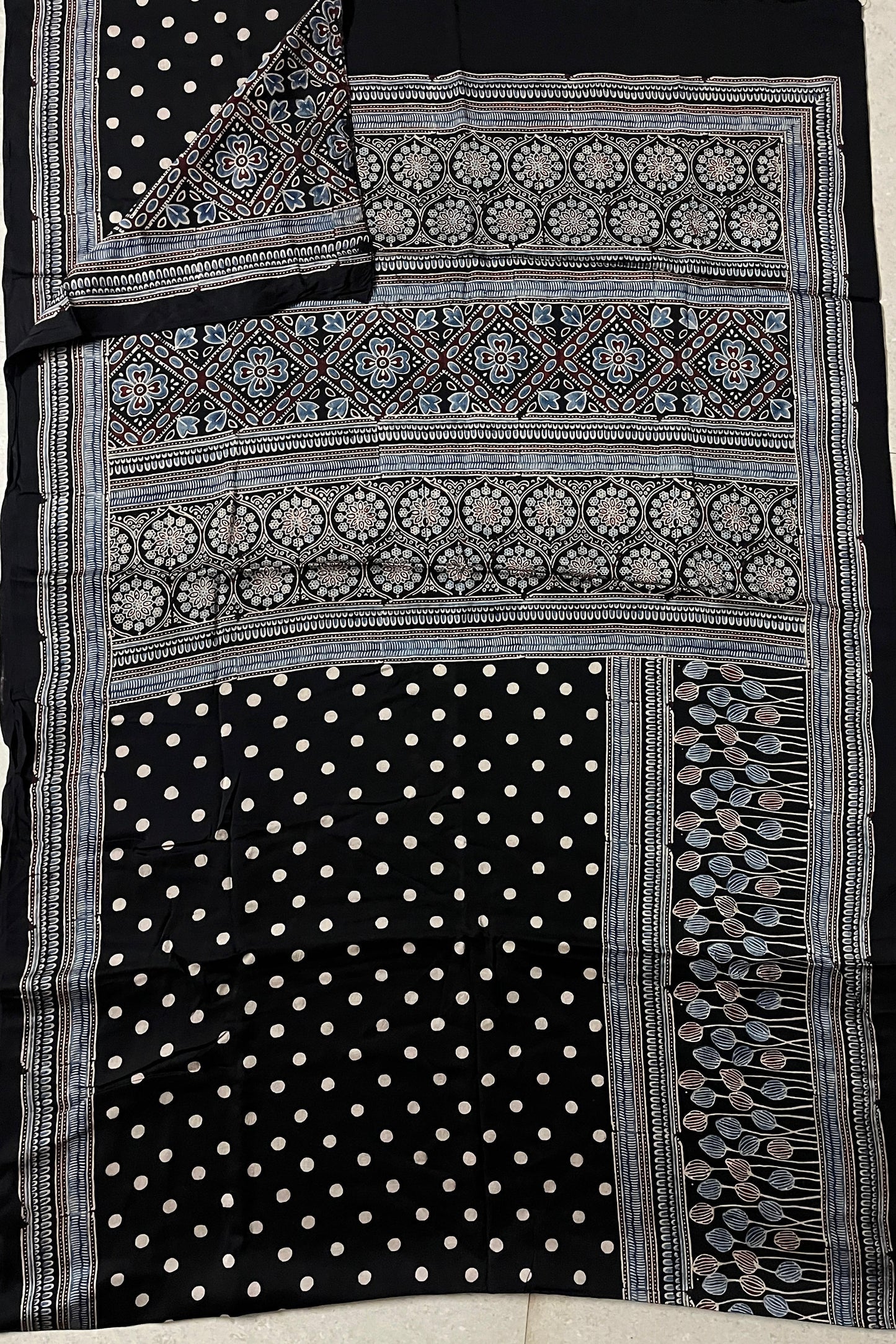 Black Dot - Handblock printed ajrakh premium modal silk saree