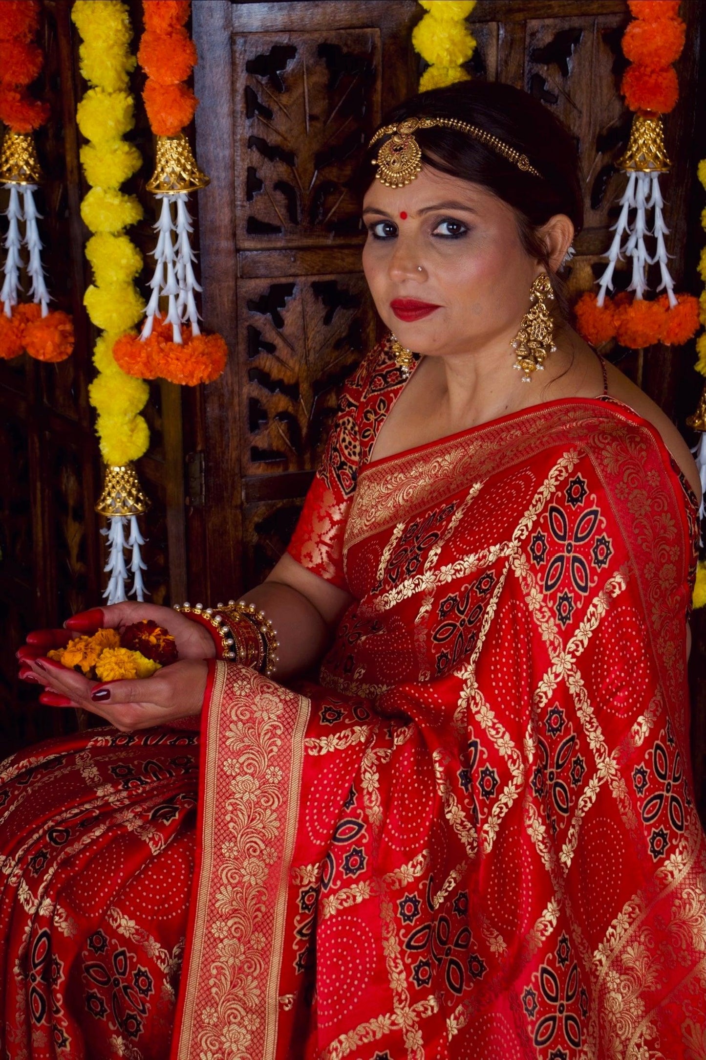 KUMUDINI - Ajrakh Gharchola Red Modal Silk Saree - Vasaka Jaipur