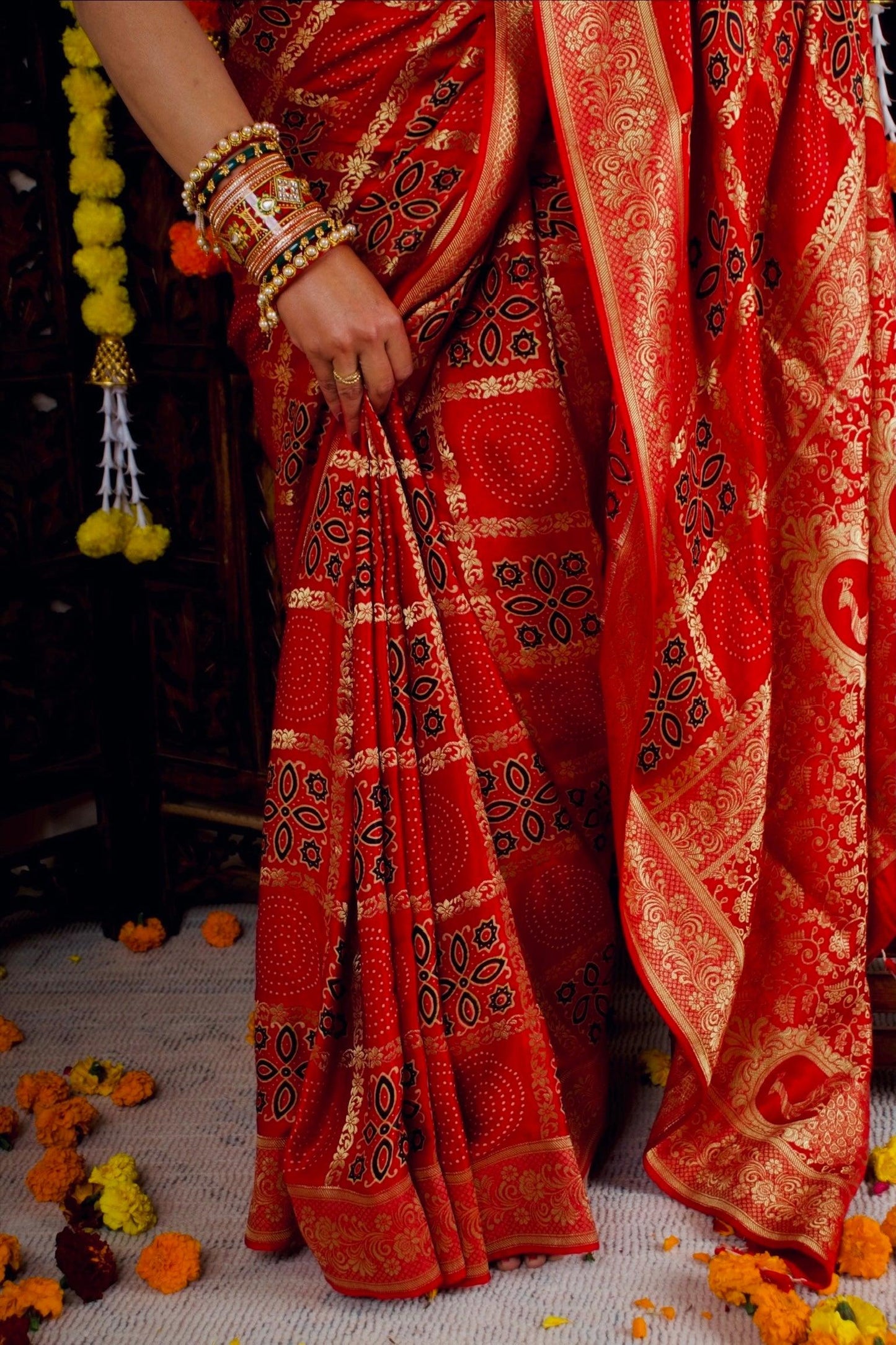 KUMUDINI - Ajrakh Gharchola Red Modal Silk Saree - Vasaka Jaipur