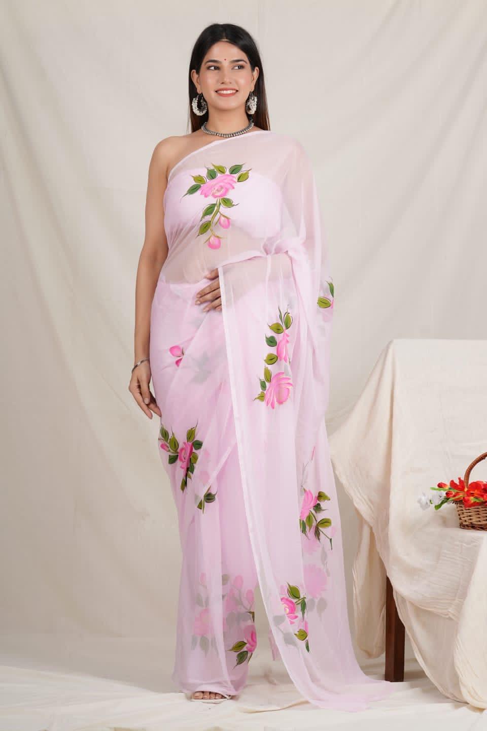 Gulabi Dreams : Baby Pink Handpainted Chiffon Saree - Vasaka Jaipur