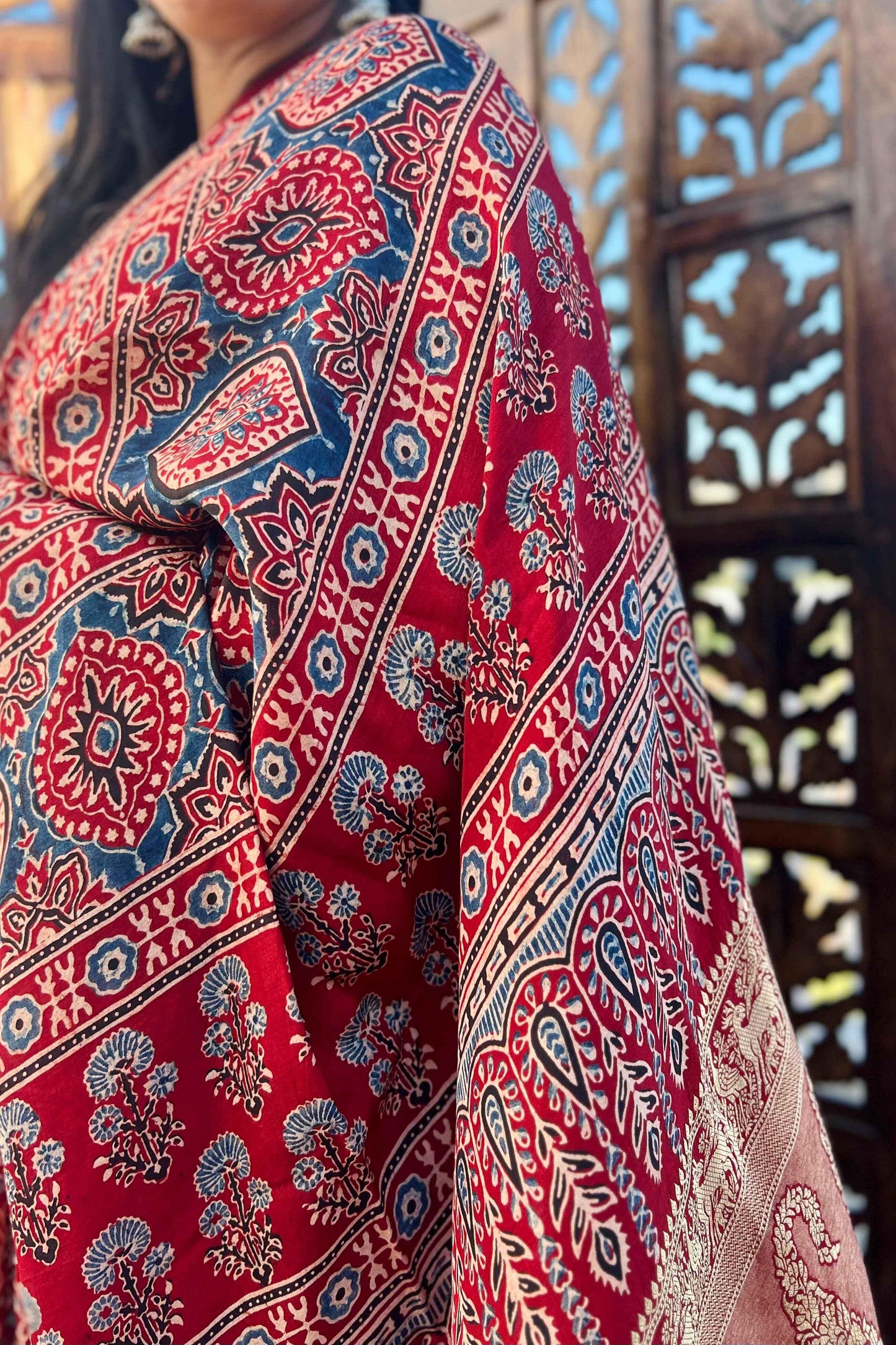 Red - Designer Ajrakh Handblock Premium Dola Silk Saree