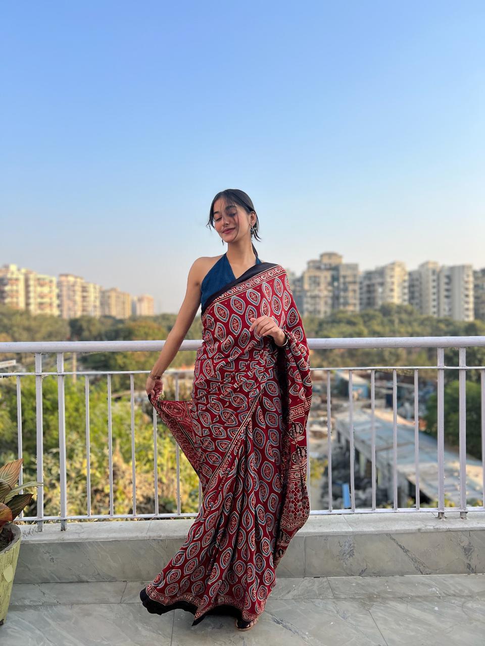 MALLIKA : AJRAKH HANDBLOCK MODAL SILK SAREE - Vasaka Jaipur