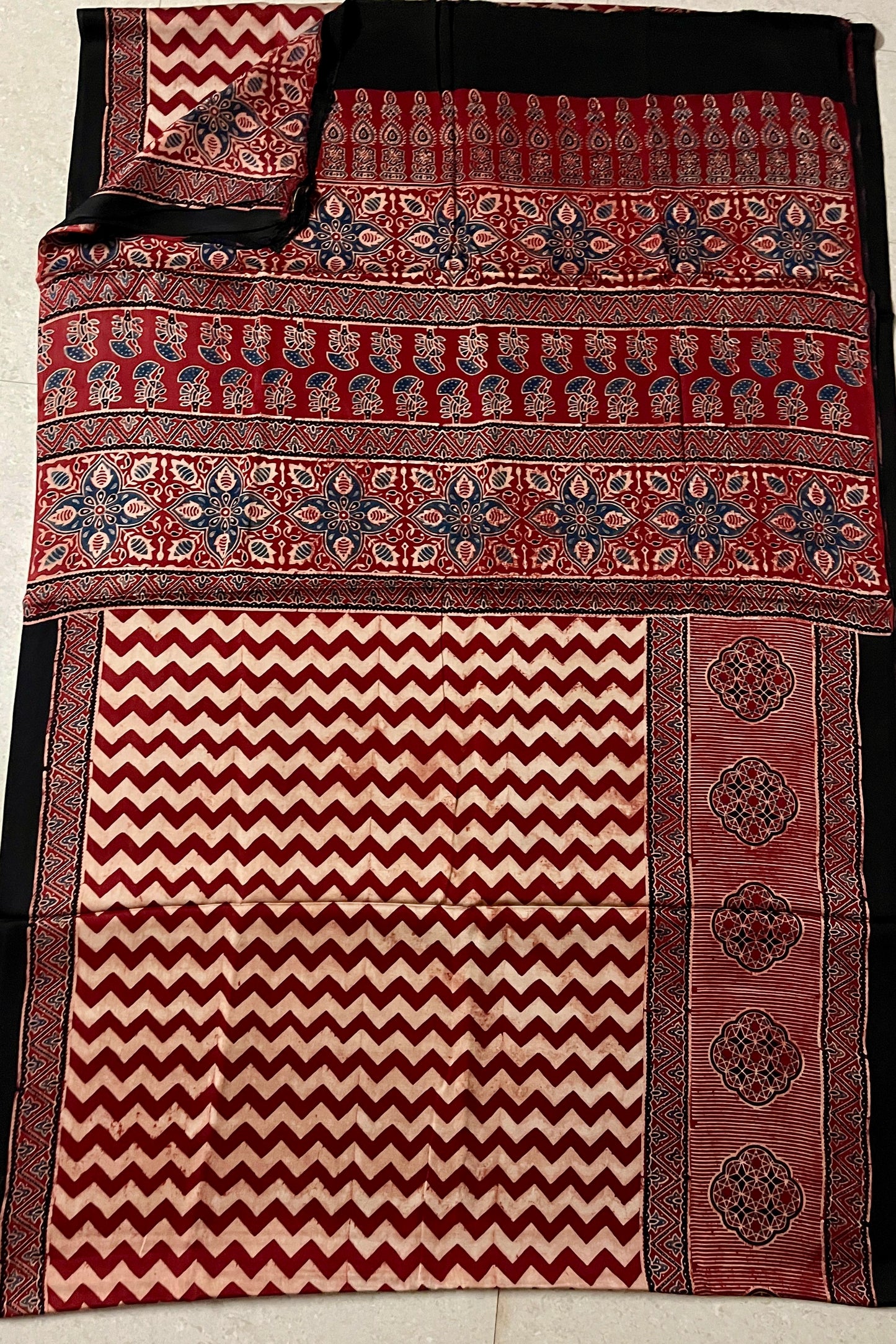 Red Zig Zag - Handblock printed ajrakh premium modal silk saree