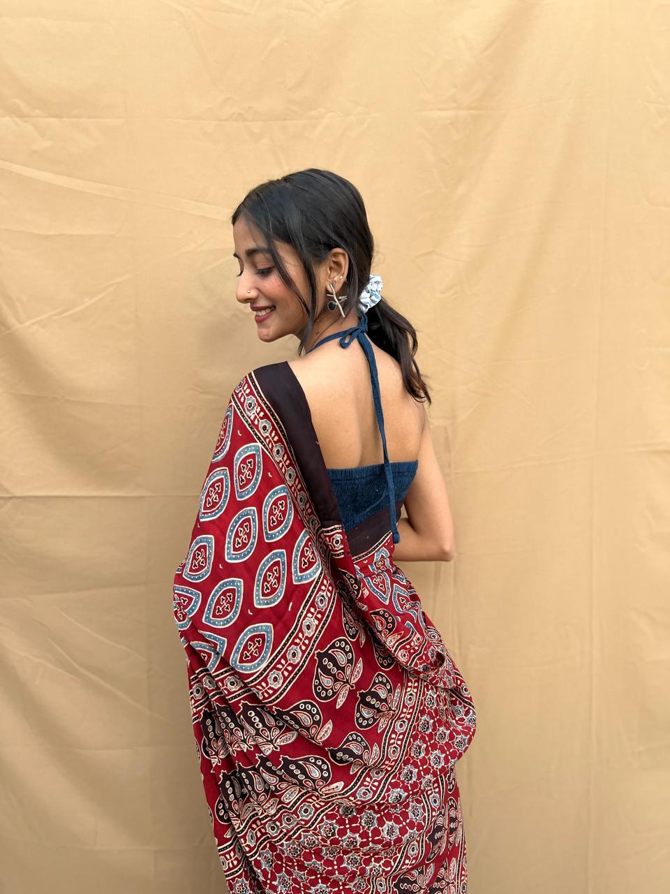 MALLIKA : AJRAKH HANDBLOCK MODAL SILK SAREE - Vasaka Jaipur
