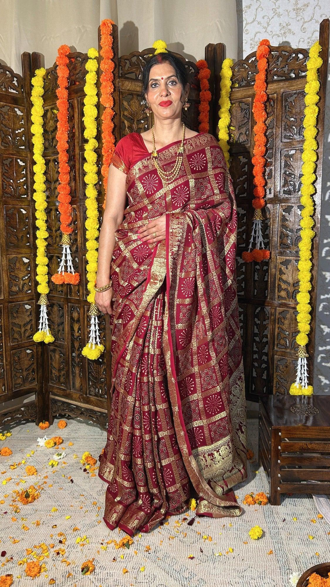 SWARNIMA - Ajrakh Gharchola Red Modal Silk Saree - Vasaka Jaipur