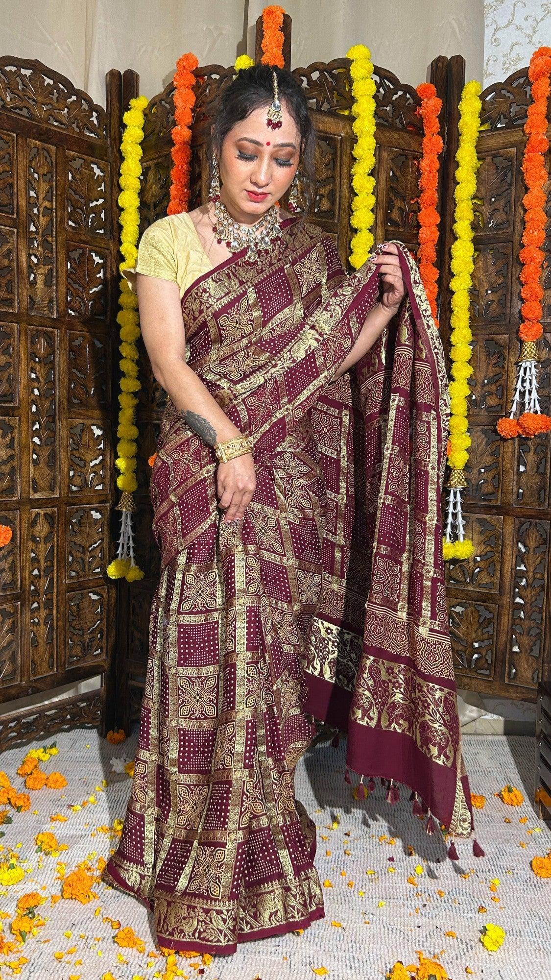 NANDINI - Ajrakh Gharchola Brownish Maroon Gajji Silk Saree - Vasaka Jaipur