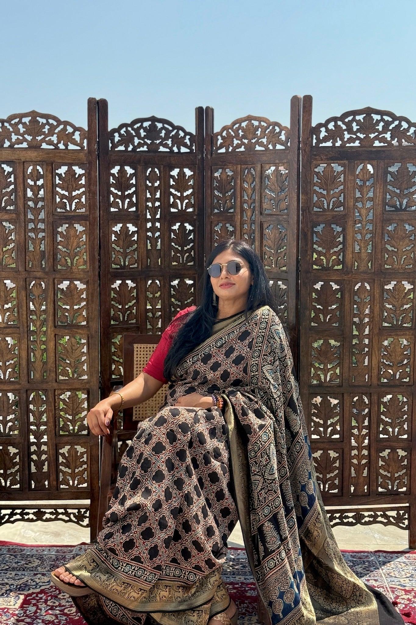 Black - Designer Ajrakh Handblock Premium Dola Silk Saree