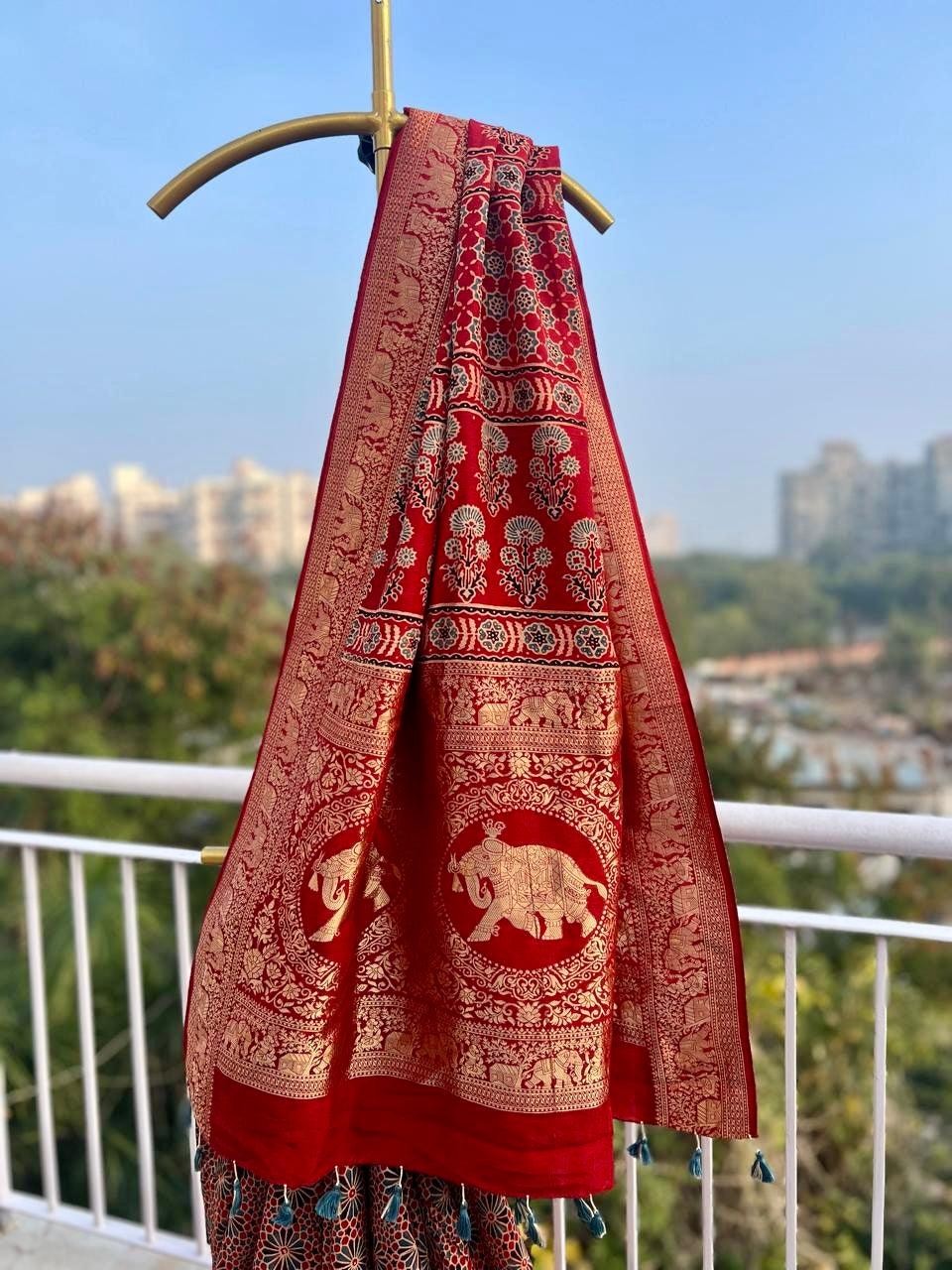 Red - Ajrakh Handblock Dola Silk Saree - Vasaka Jaipur