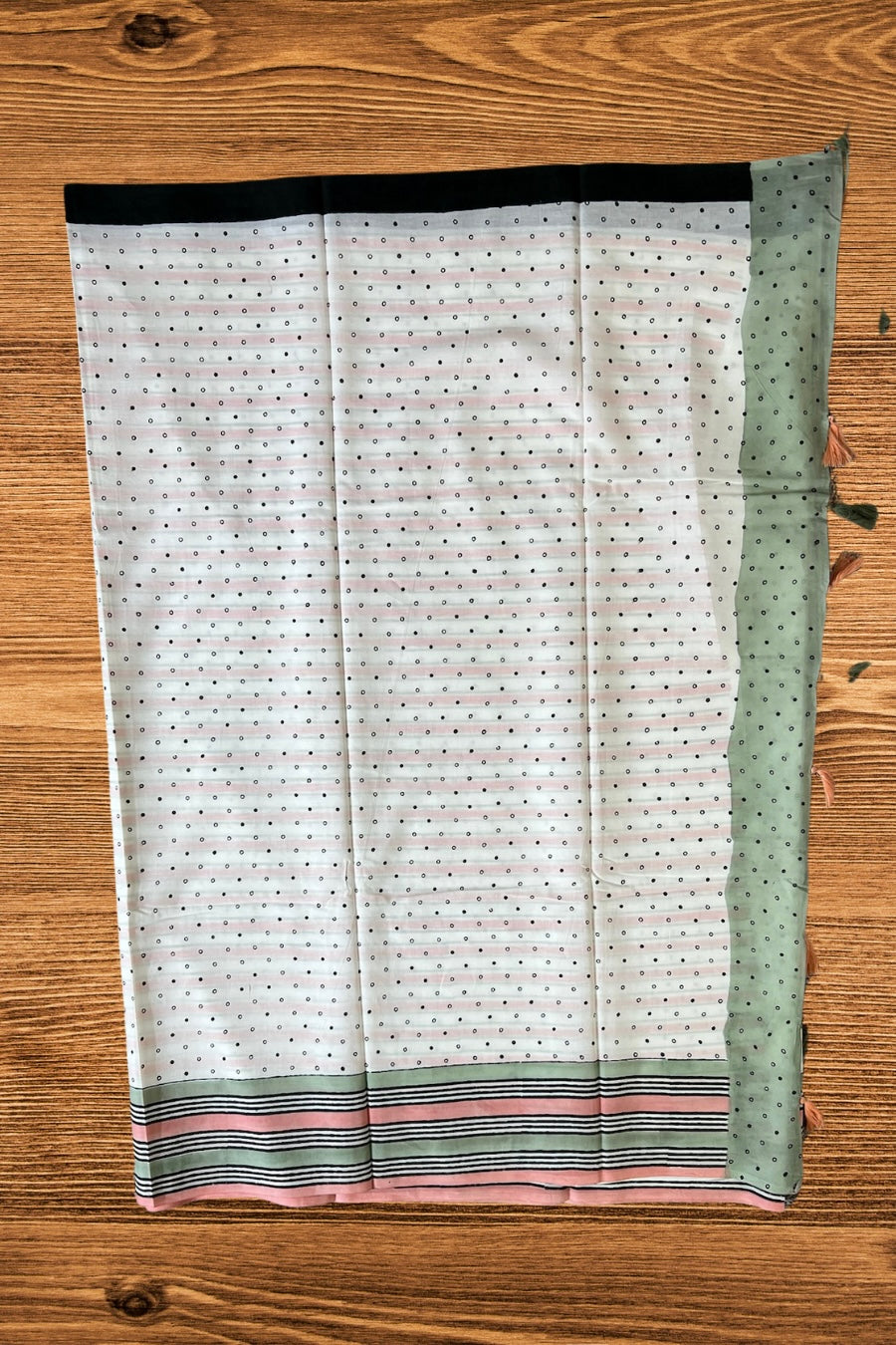 White - Dots Hand Block Print Cotton Saree