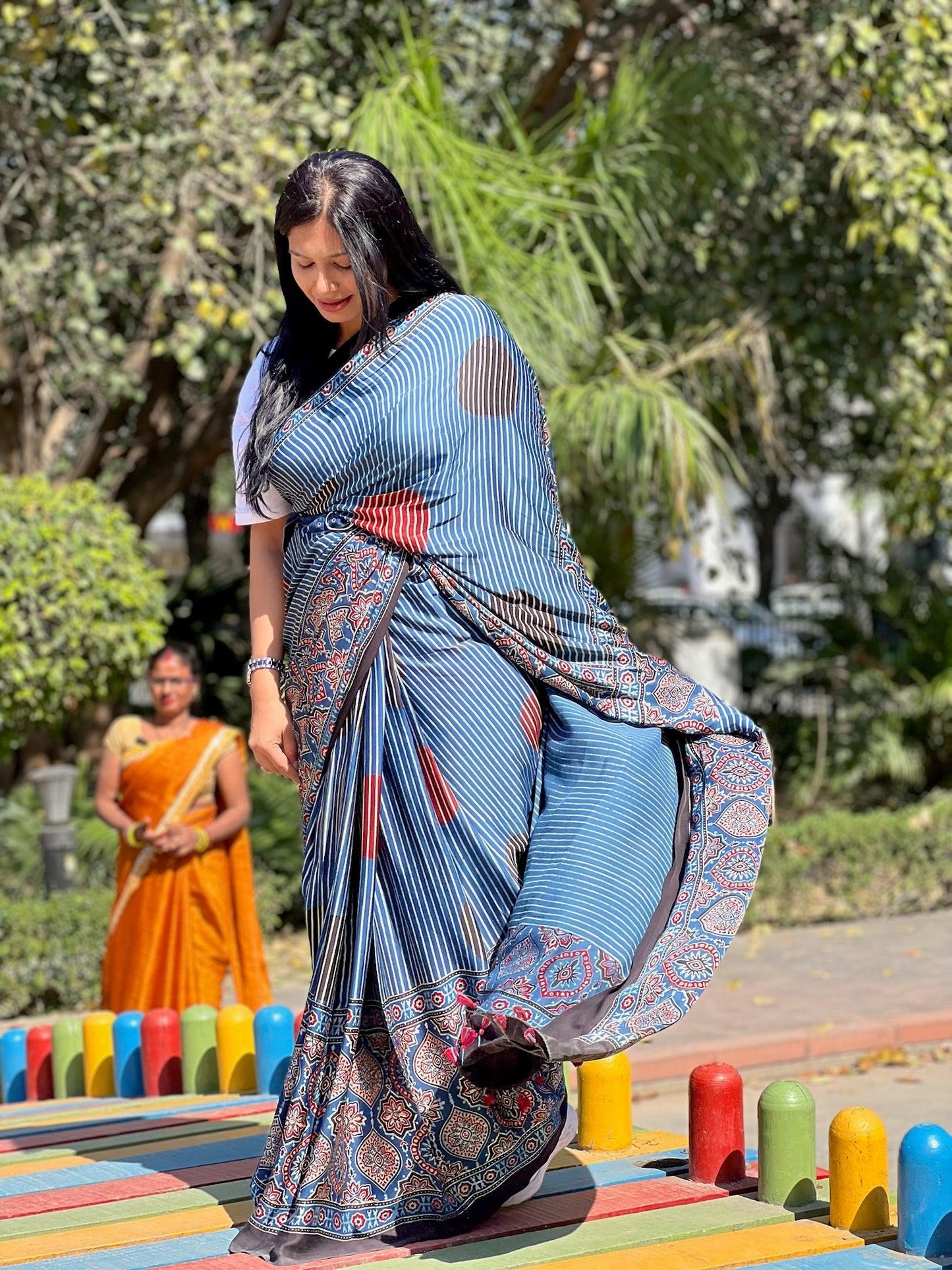 INDIRA : AJRAKH HANDBLOCK MODAL SILK SAREE - Vasaka Jaipur