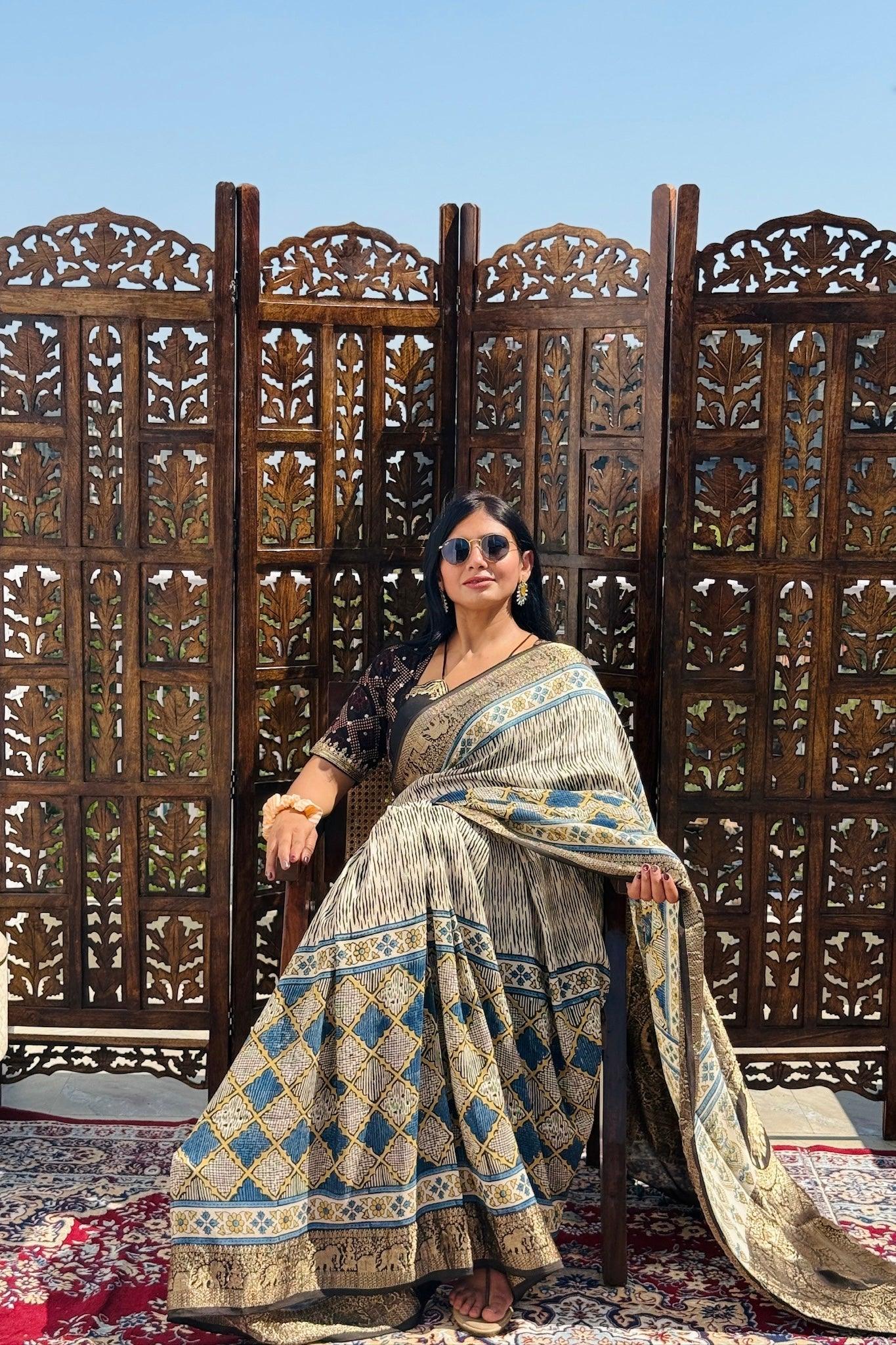 Off White - Designer Ajrakh Handblock Premium Dola Silk Saree