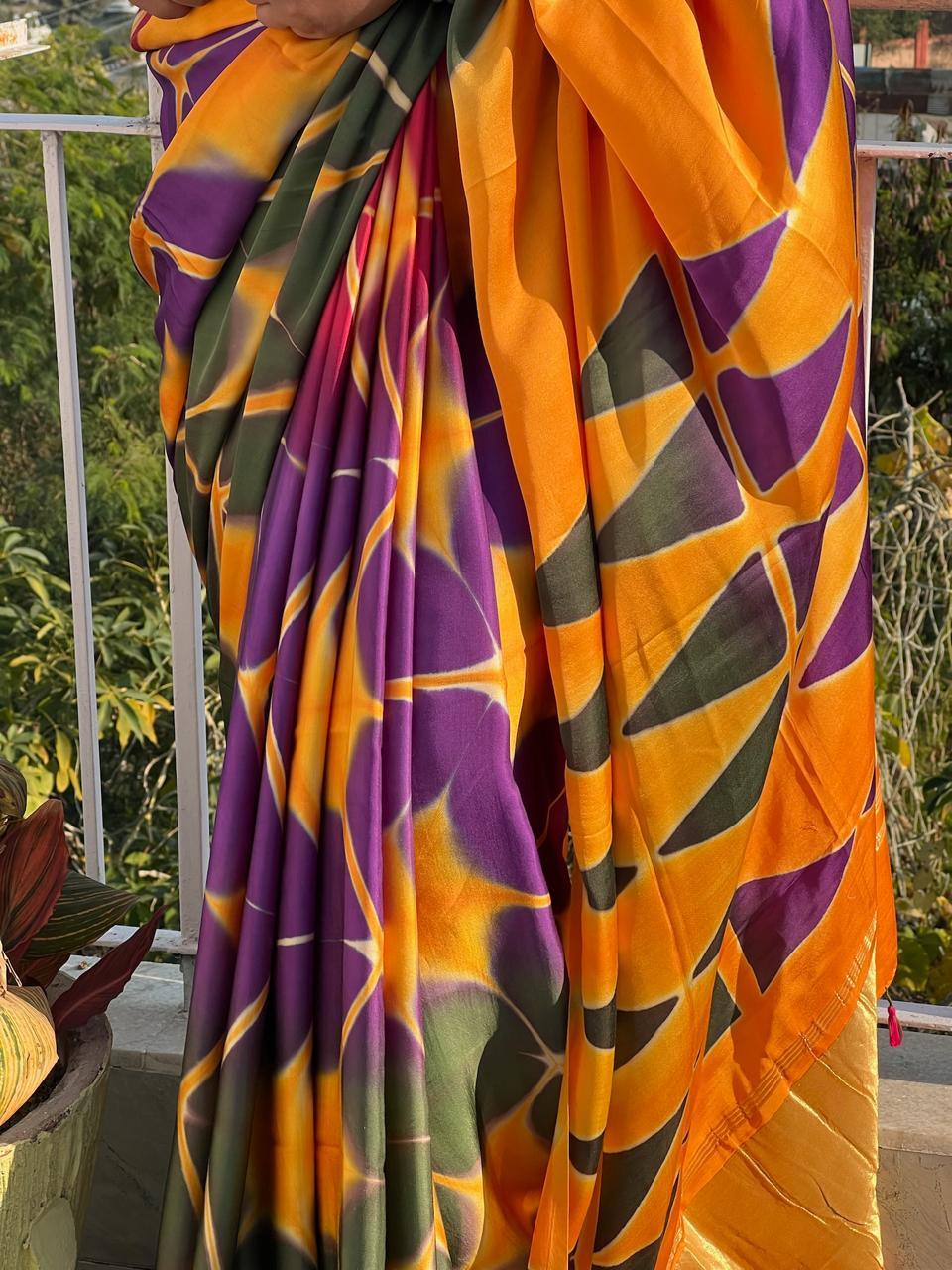 Orange - Clamp Dyed Modal Silk Saree - Vasaka Jaipur