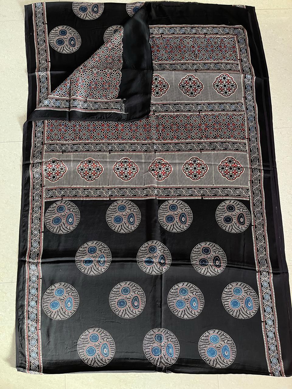 Black - Handblock printed ajrakh premium modal silk saree - Vasaka Jaipur
