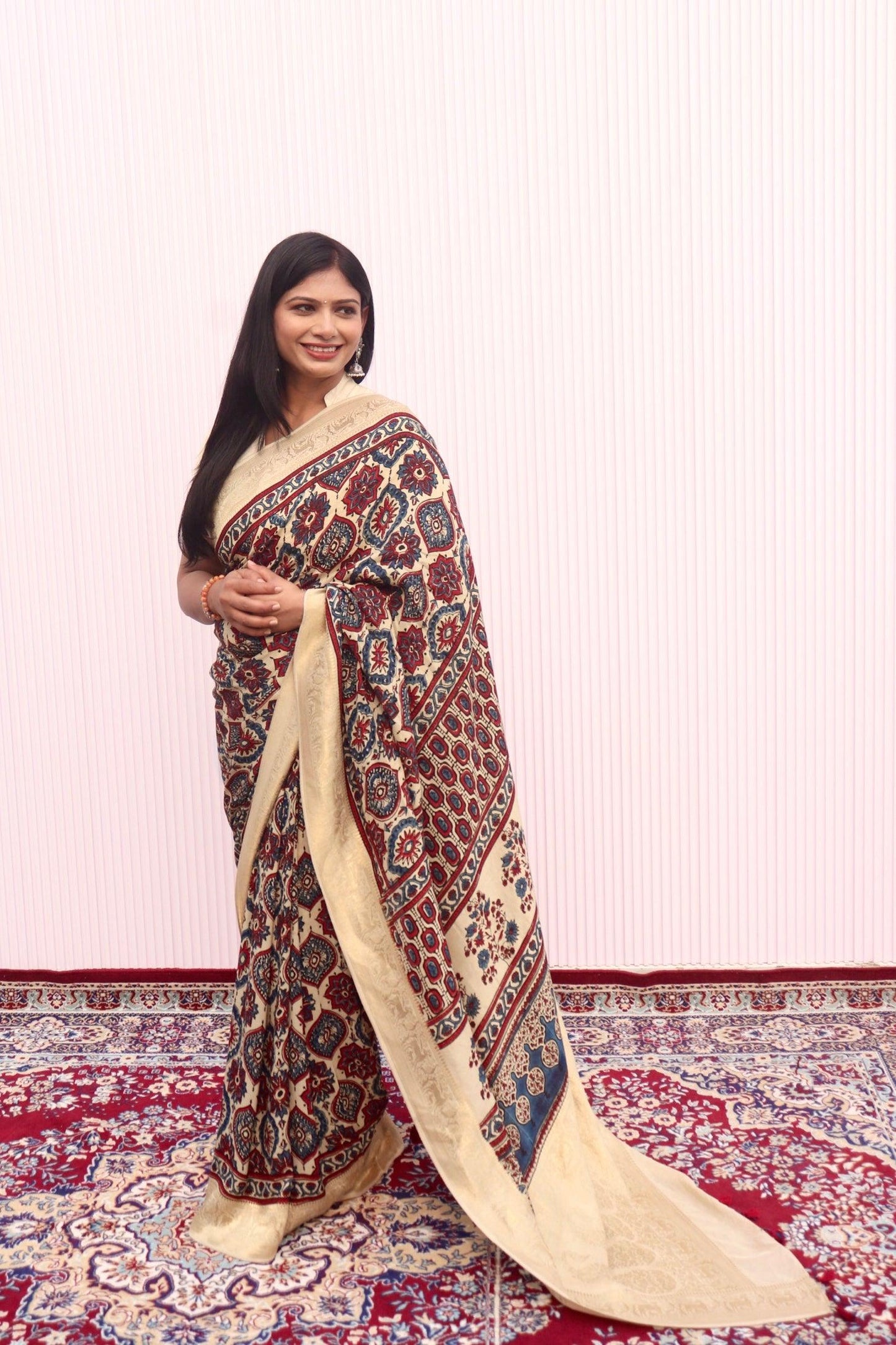 Beige - Designer Ajrakh Handblock Premium Dola Silk Saree - Vasaka Jaipur