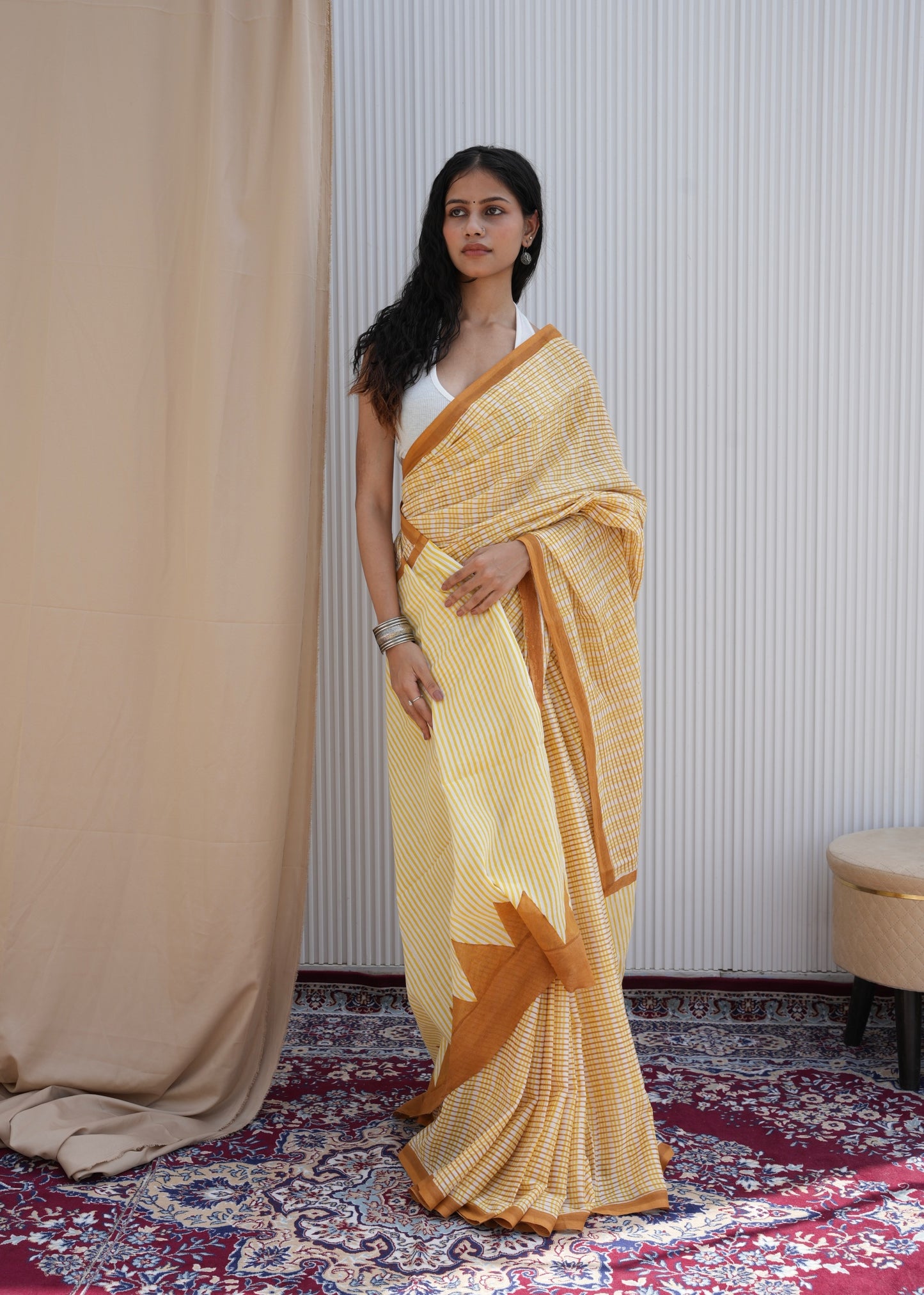 SAANVI_Heritage Hand Block Printed Pure Cotton Striped Saree