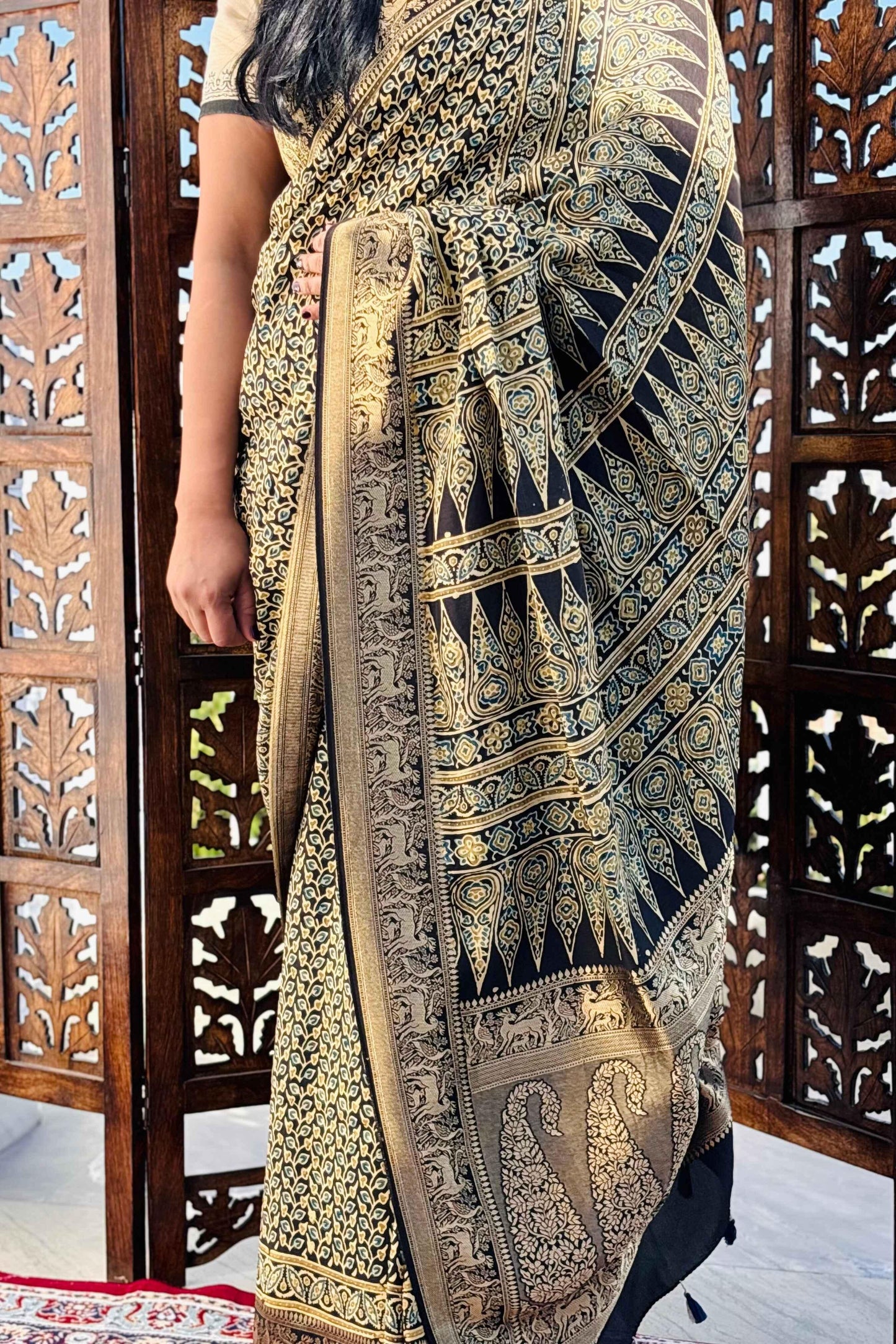 Black - Designer Ajrakh Handblock Premium Dola Silk Saree