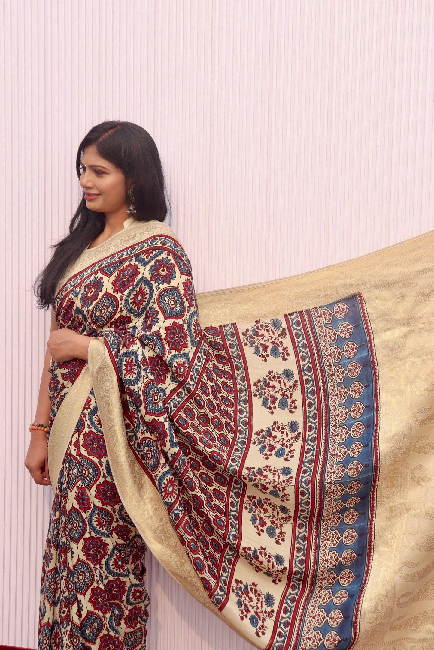 Beige - Designer Ajrakh Handblock Premium Dola Silk Saree - Vasaka Jaipur