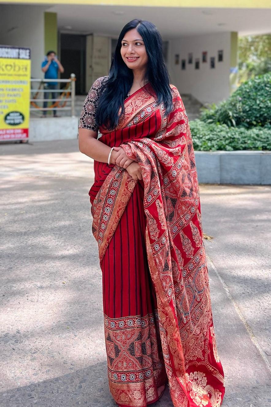 Red - Ajrakh Handblock Dola Silk Saree