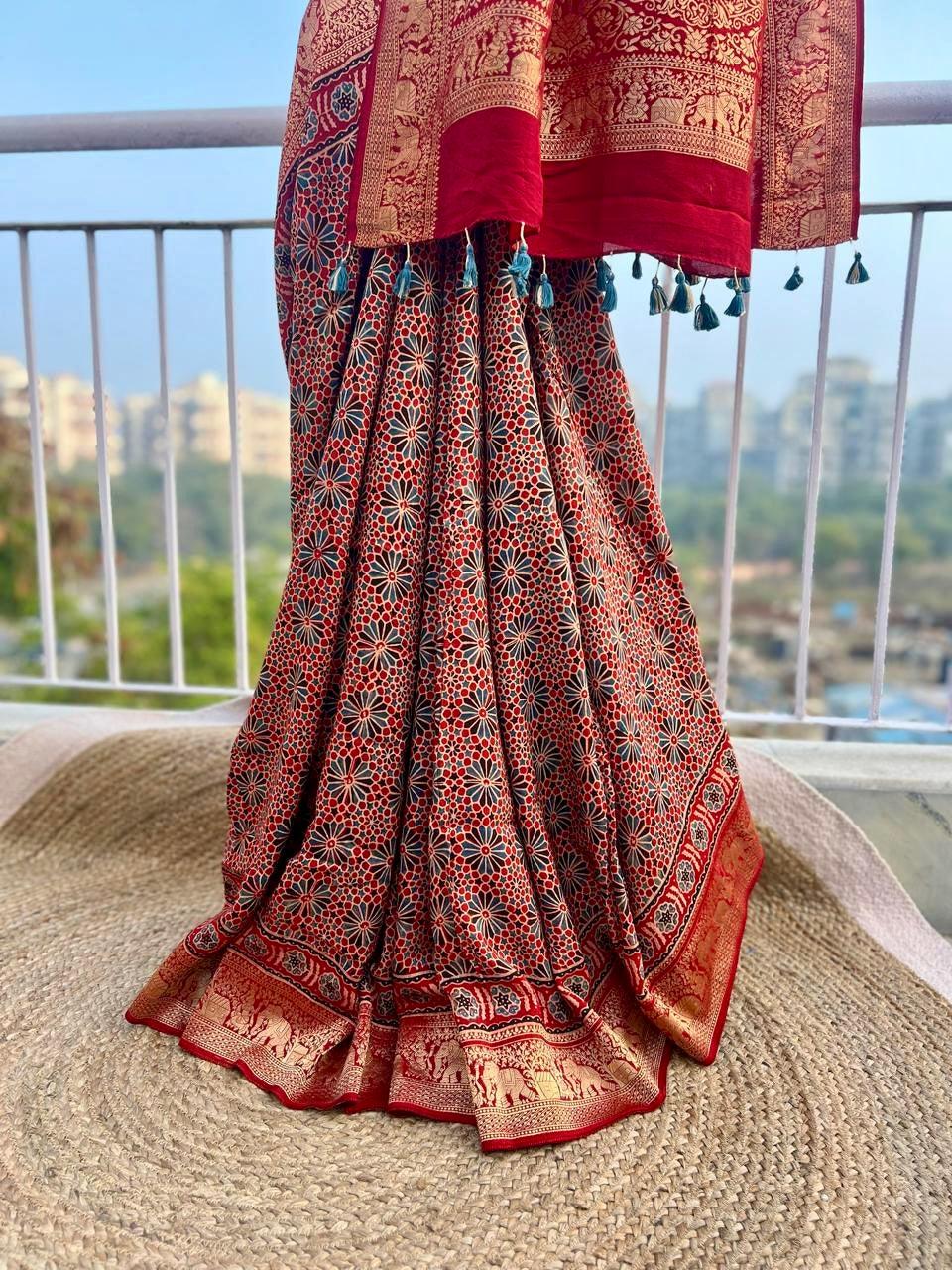 Red - Ajrakh Handblock Dola Silk Saree - Vasaka Jaipur