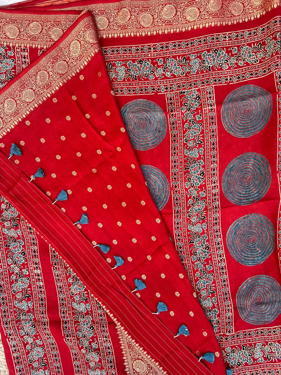 Red - Ajrakh Handblock Dola Silk Saree - Vasaka Jaipur