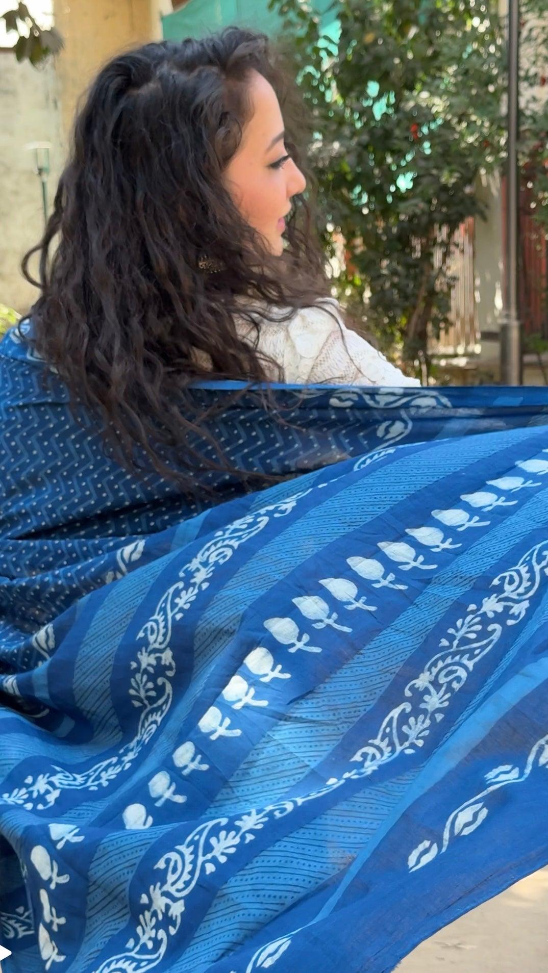 NISHKA_ Indigo Natural Dye Dabu HBP Mul Cotton Saree