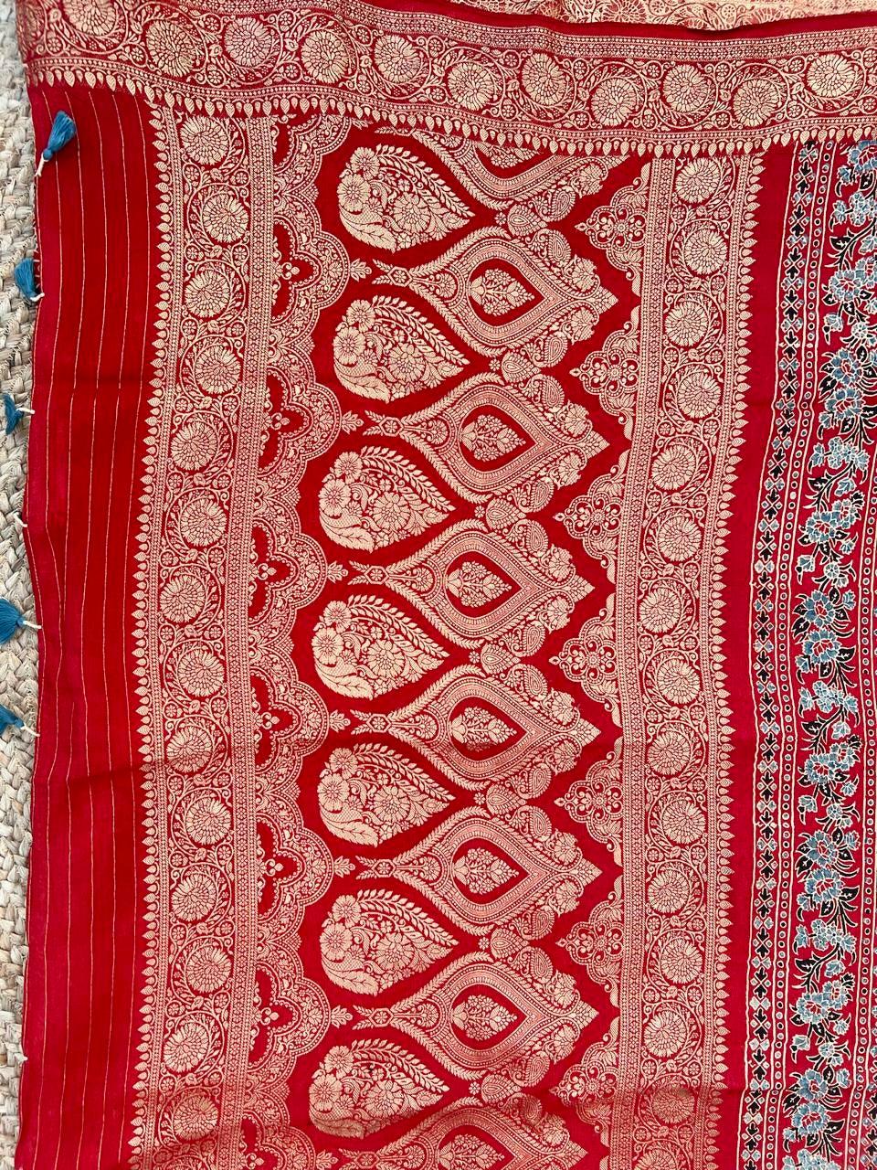 Red - Ajrakh Handblock Dola Silk Saree - Vasaka Jaipur