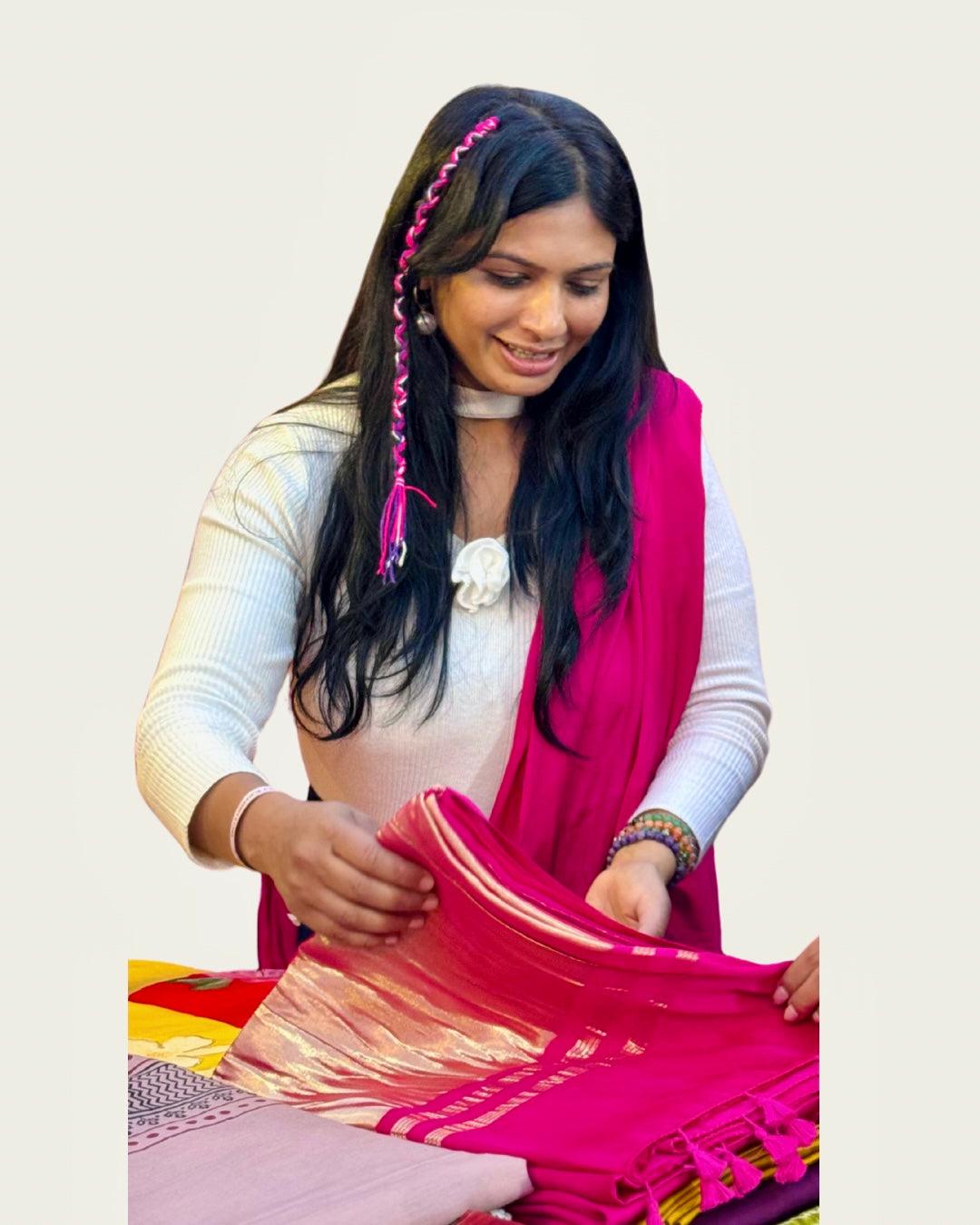 Fuchsia Deep Pink Colour Modal Plain Saree With Tissue Pallu - Vasaka Jaipur