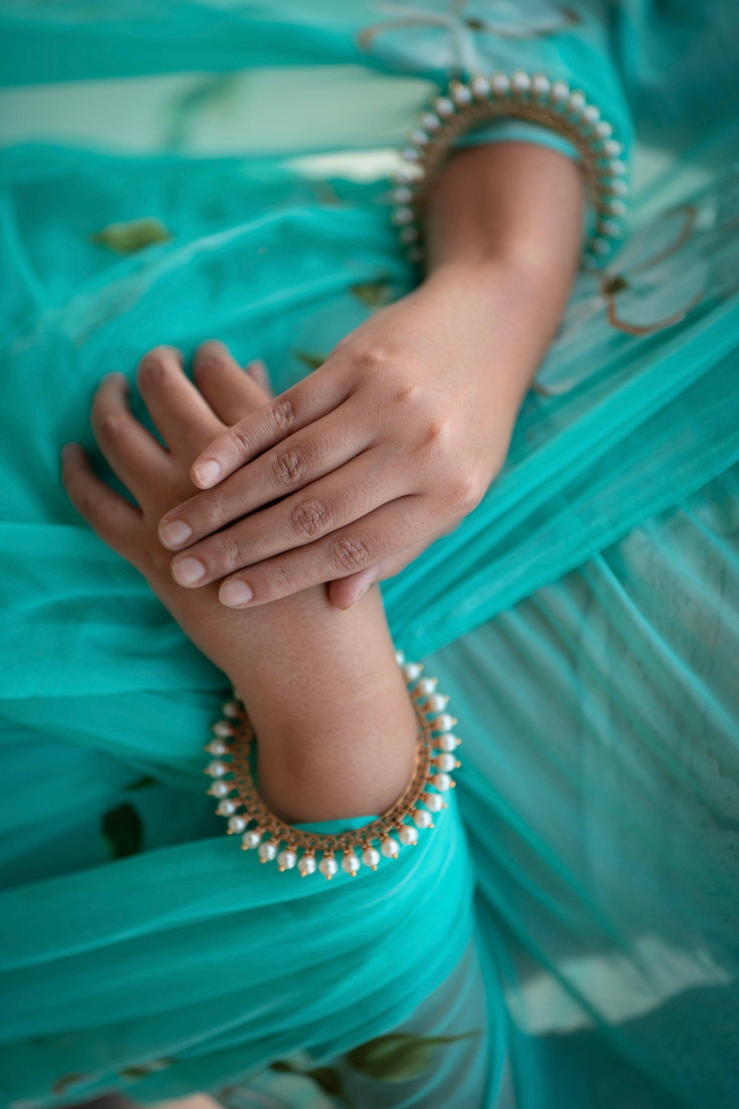 Teal Blue - Handpainted Chiffon Saree