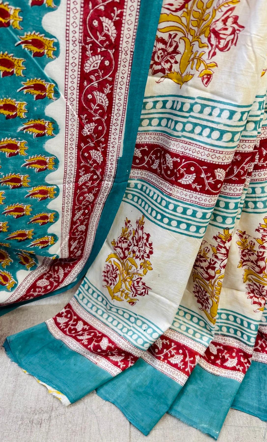 Teal Blue_ Hand Block Printed Cotton Saree - Vasaka Jaipur