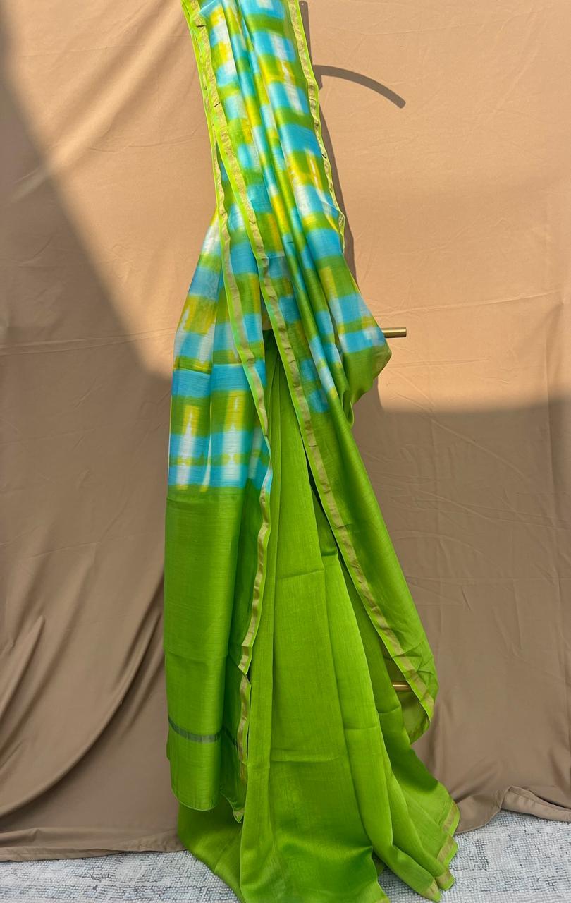 Parrot Green - Chanderi Tie-Dye Chanderi Cotsilk Saree (Half Plain- Half Clamp) - Vasaka Jaipur