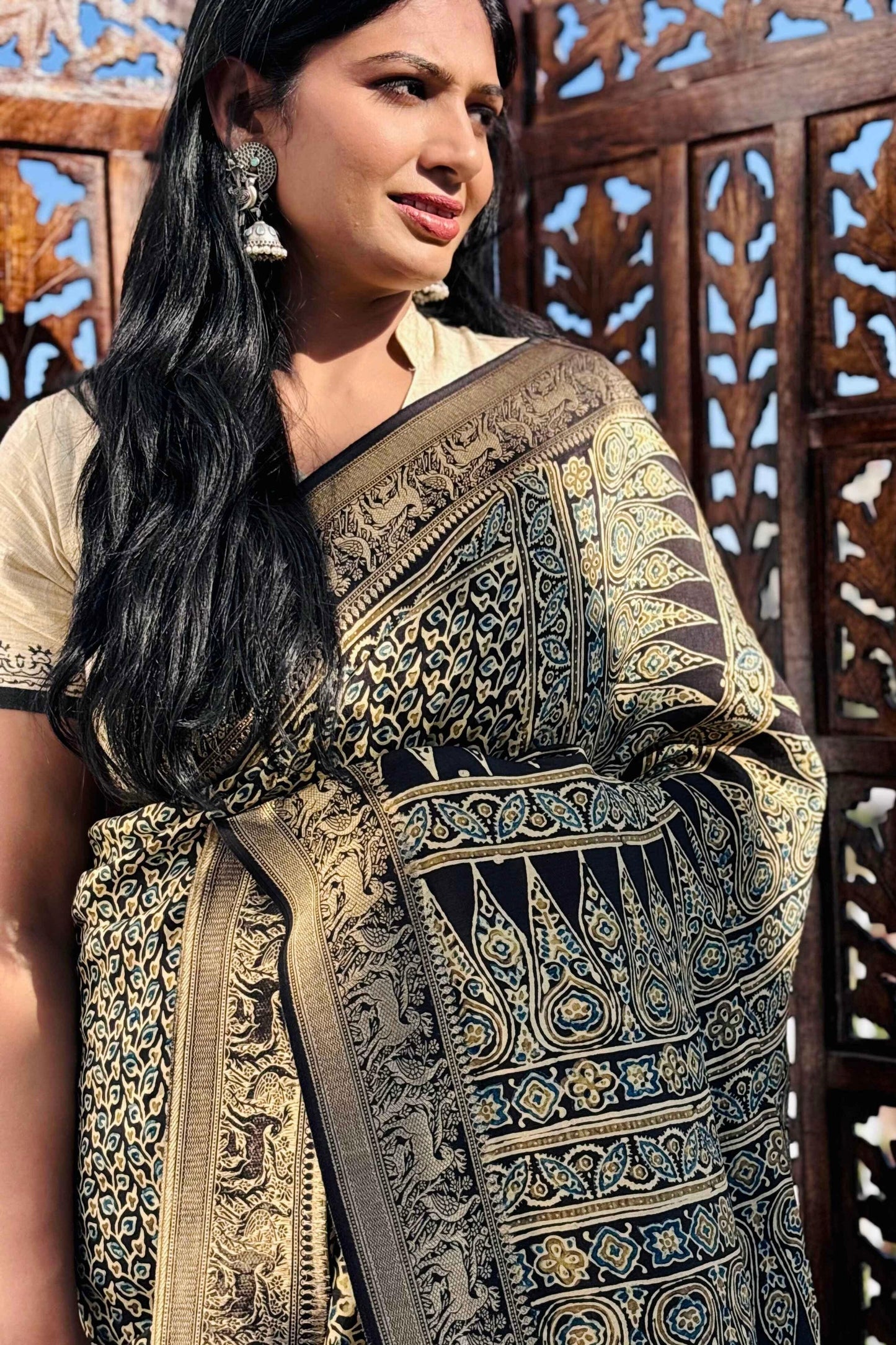 Black - Designer Ajrakh Handblock Premium Dola Silk Saree