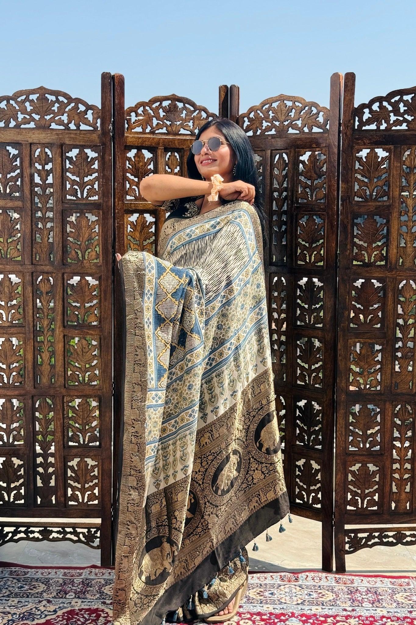 Off White - Designer Ajrakh Handblock Premium Dola Silk Saree