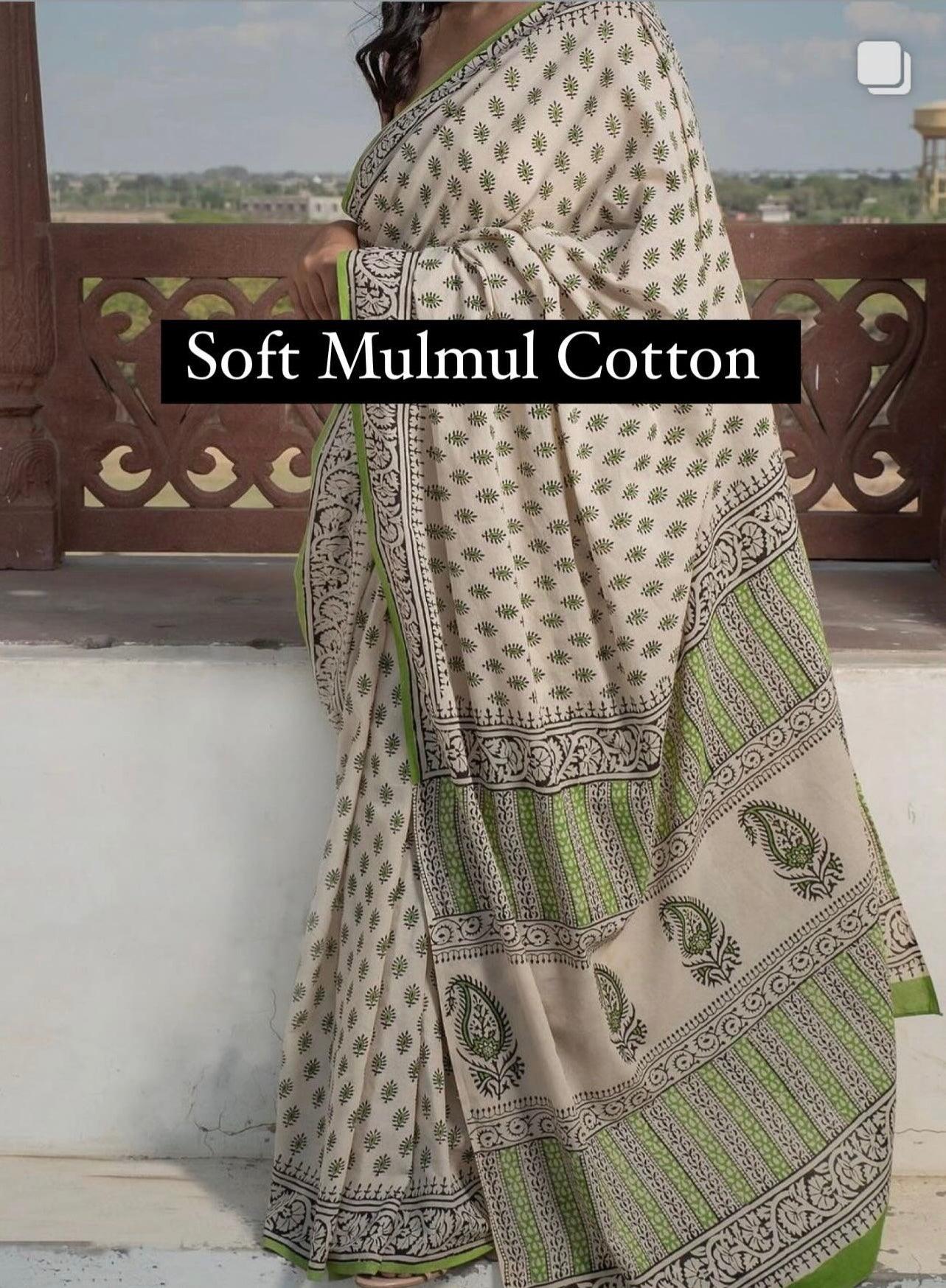 Offwhite_ Hand Block Printed Cotton Saree - Vasaka Jaipur