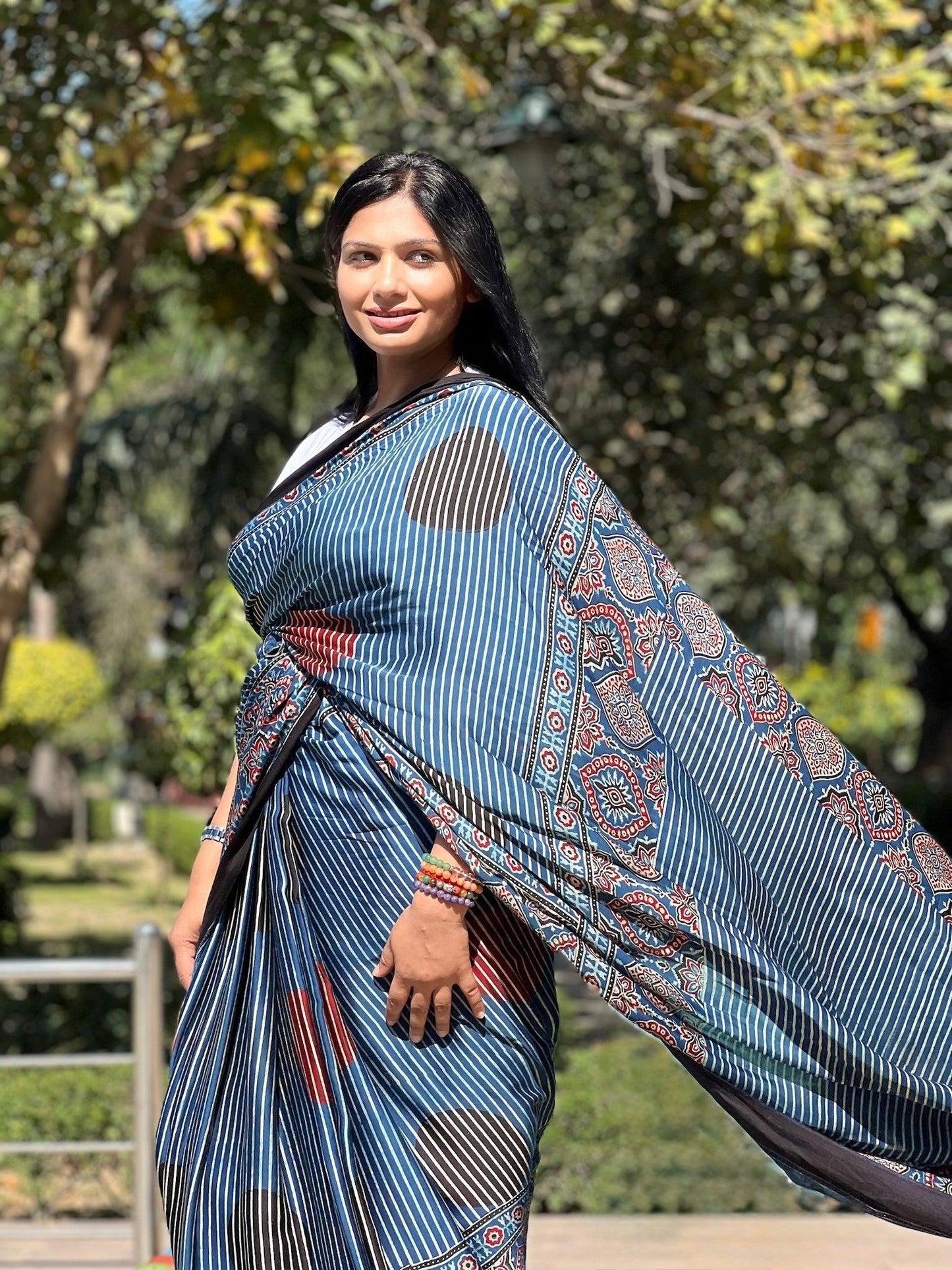 INDIRA : AJRAKH HANDBLOCK MODAL SILK SAREE - Vasaka Jaipur