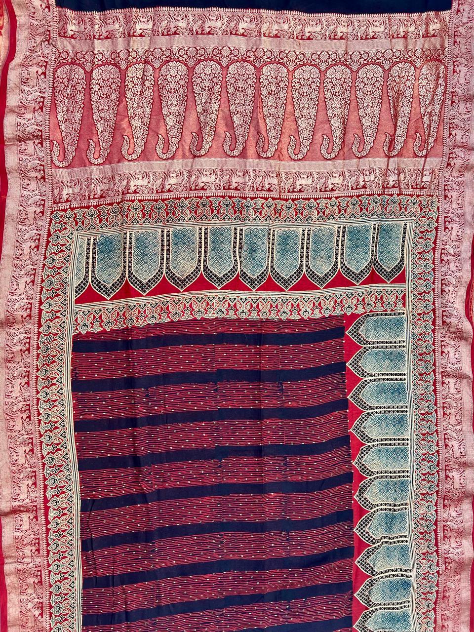 Red - Designer Ajrakh Handblock Premium Dola Silk Saree - Vasaka Jaipur