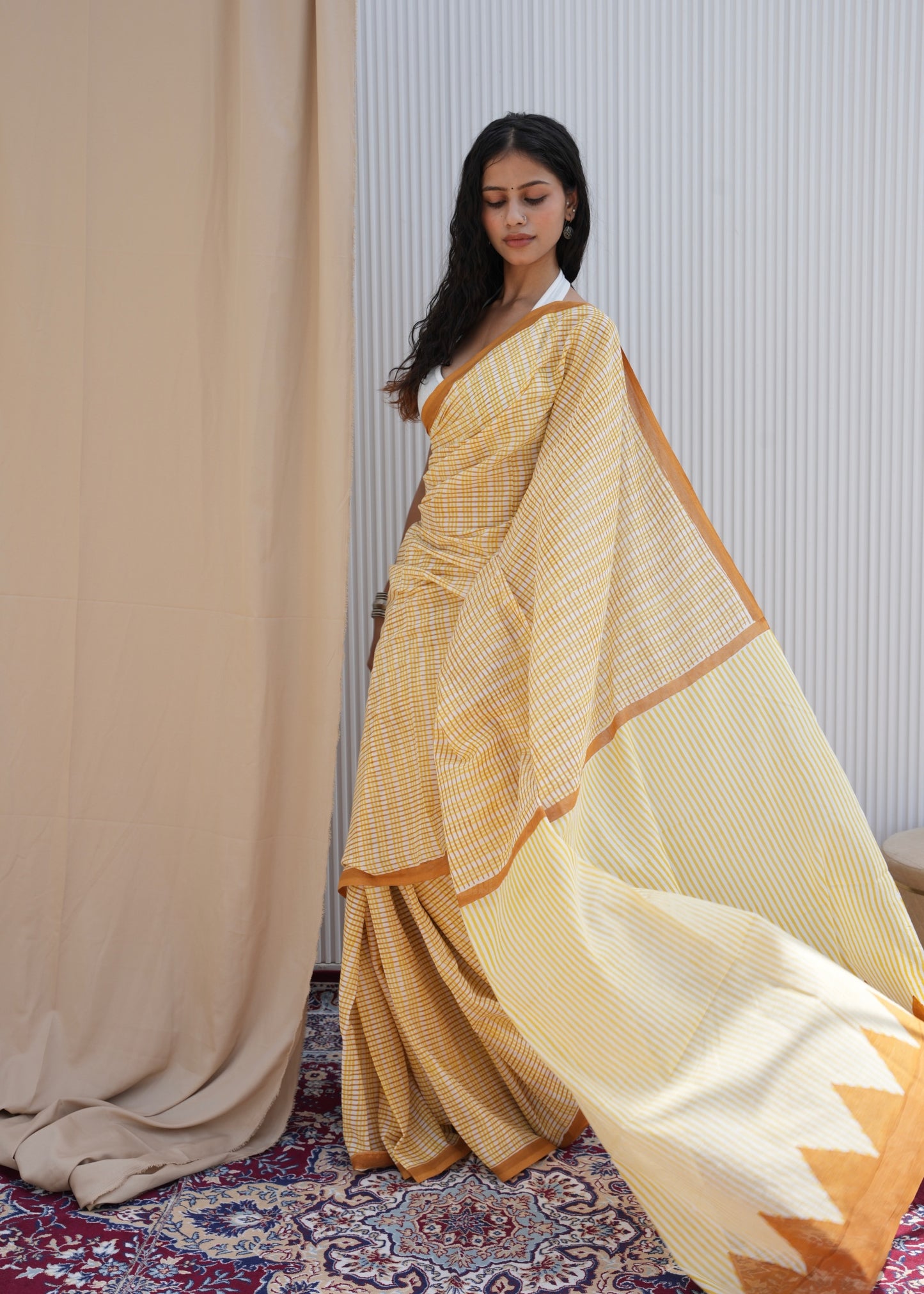 SAANVI_Heritage Hand Block Printed Pure Cotton Striped Saree