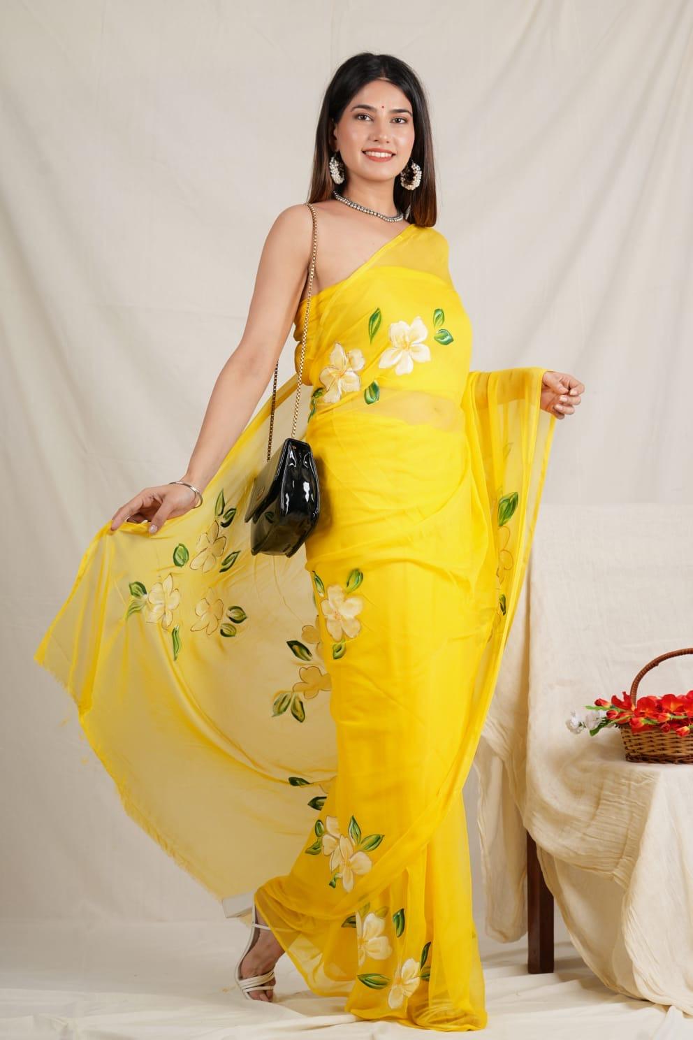 Dark Yellow - Handpainted Chiffon Saree - Vasaka Jaipur