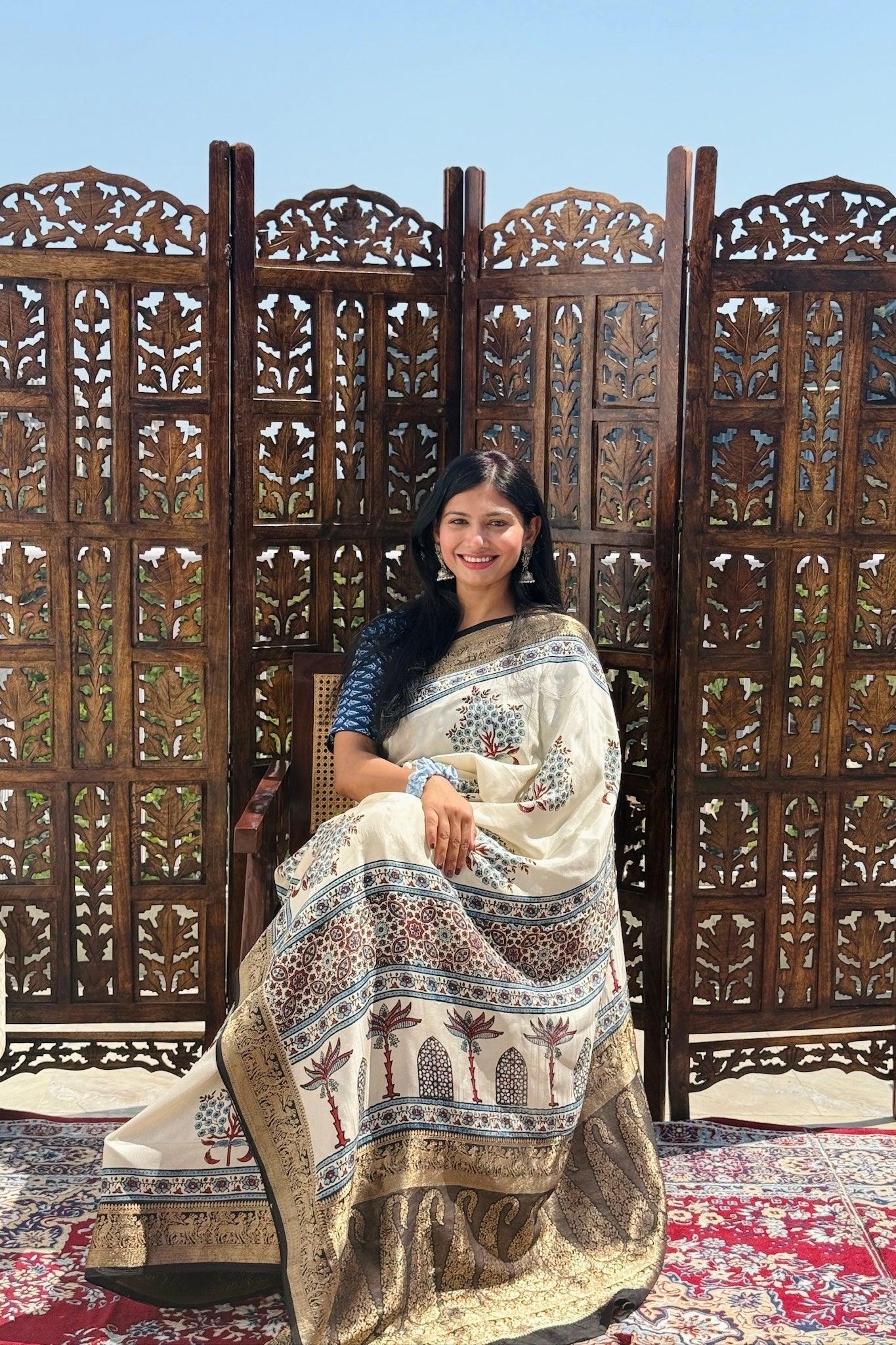 Beige - Designer Ajrakh Handblock Premium Dola Silk Saree