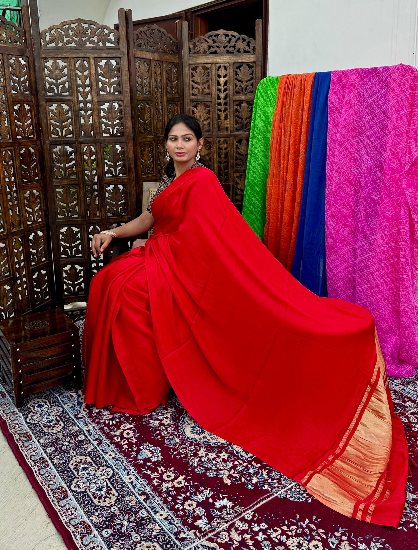 Blood Red Colour Modal Plain Saree With Tissue Pallu - Vasaka Jaipur