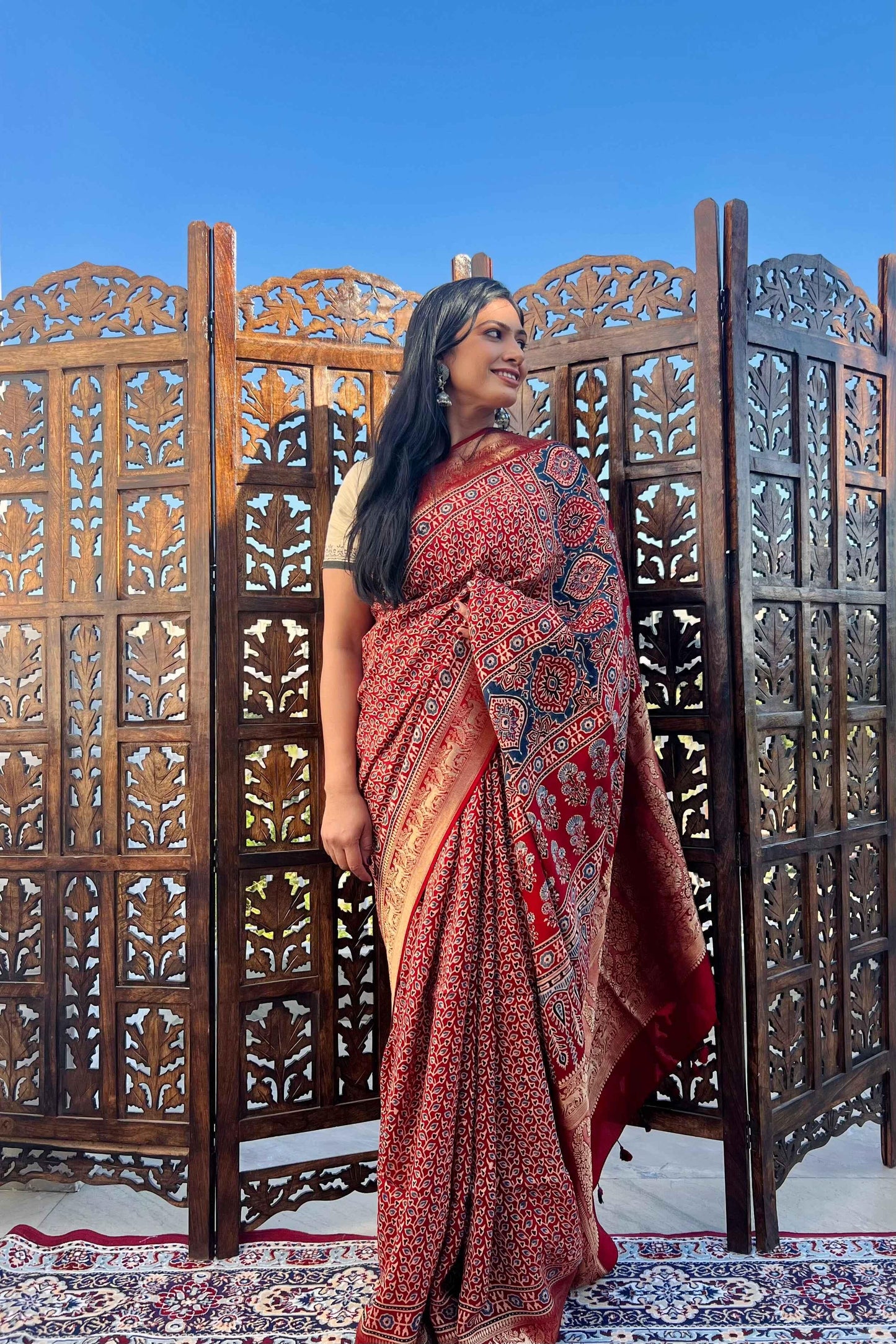 Red - Designer Ajrakh Handblock Premium Dola Silk Saree