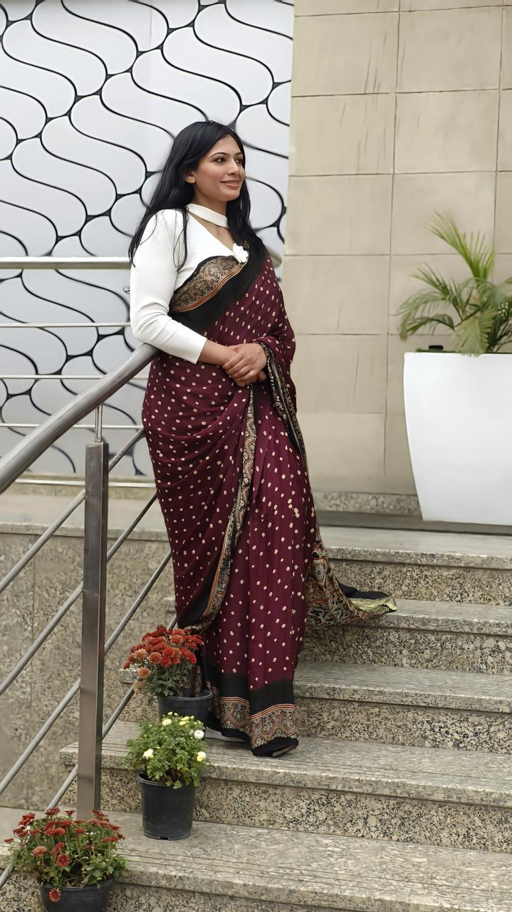 KRITIKA : AJRAKH BANDHEJ TISSUE MODAL SILK SAREE - Vasaka Jaipur