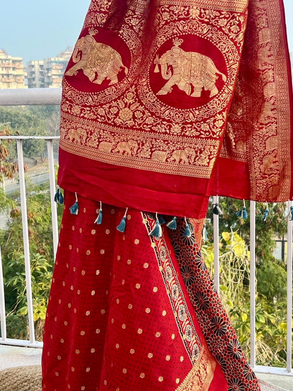 Red - Ajrakh Handblock Dola Silk Saree - Vasaka Jaipur