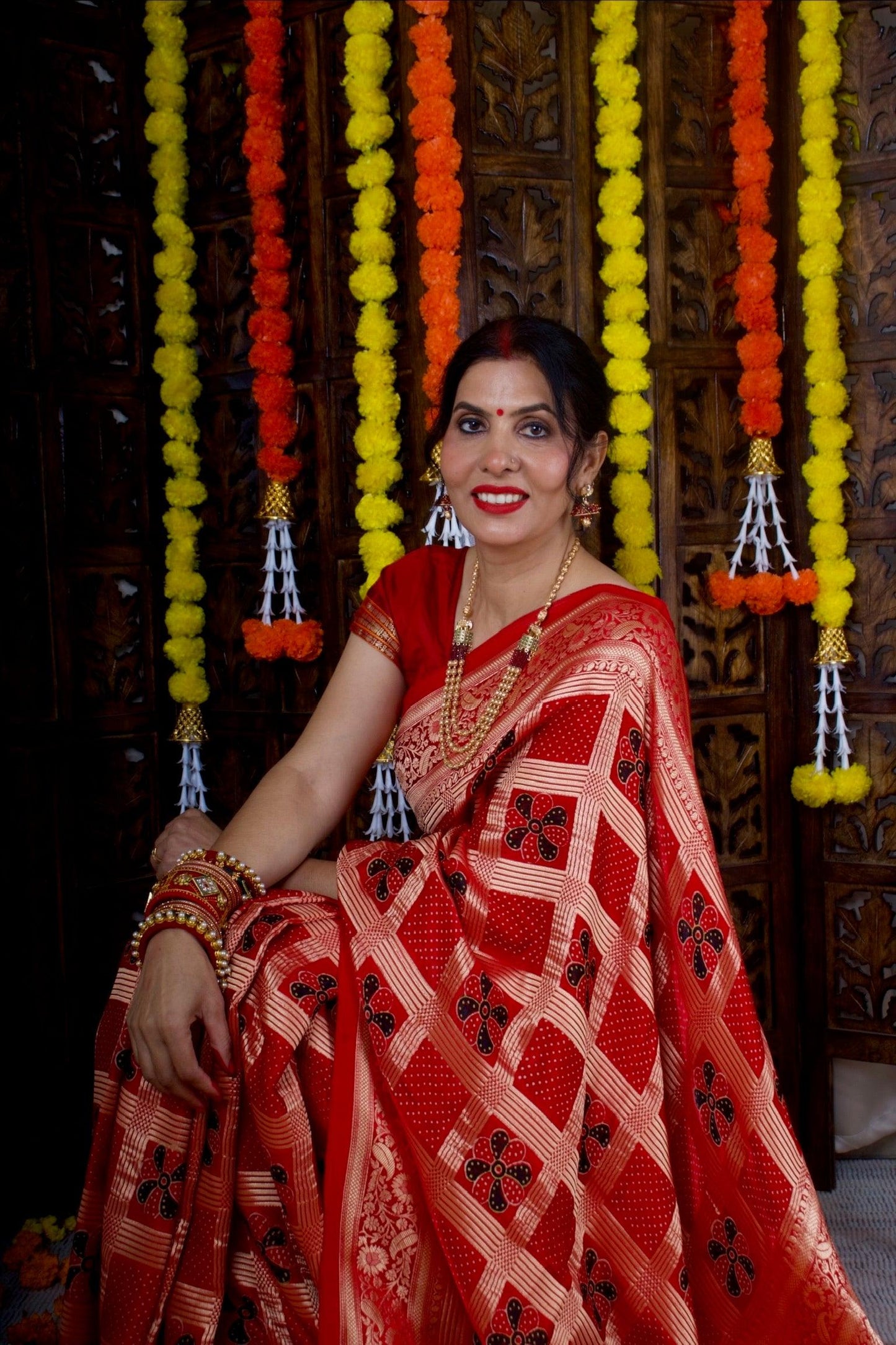 MADHURIMA - Ajrakh Gharchola Red Modal Silk Saree - Vasaka Jaipur